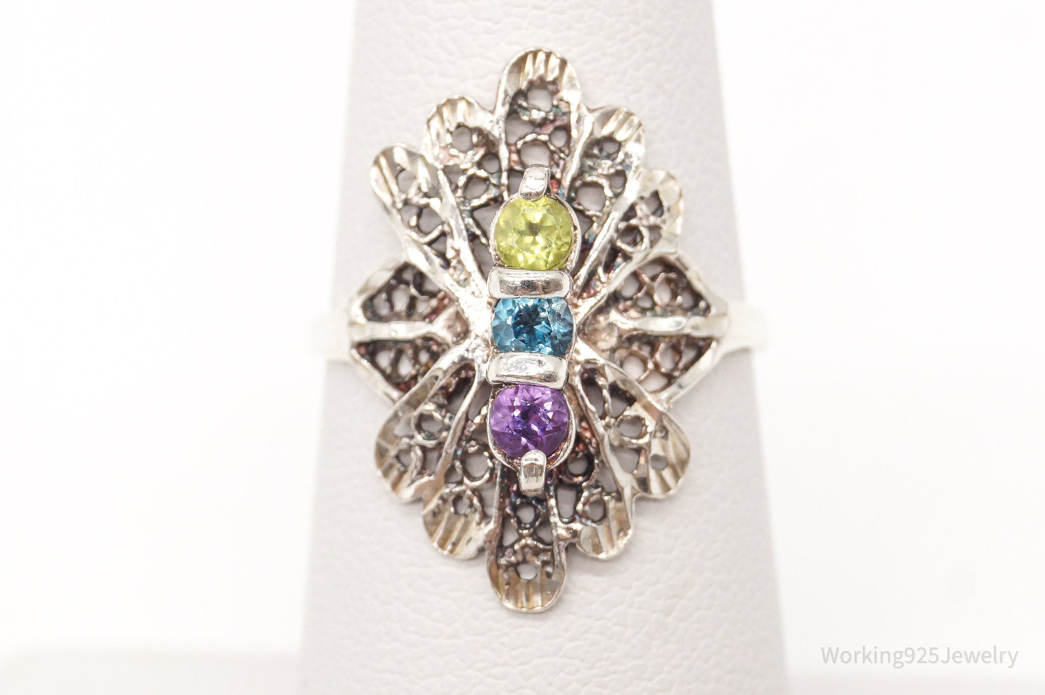 Vintage Peridot Blue Topaz Amethyst Sterling Silver Ring - Size 6