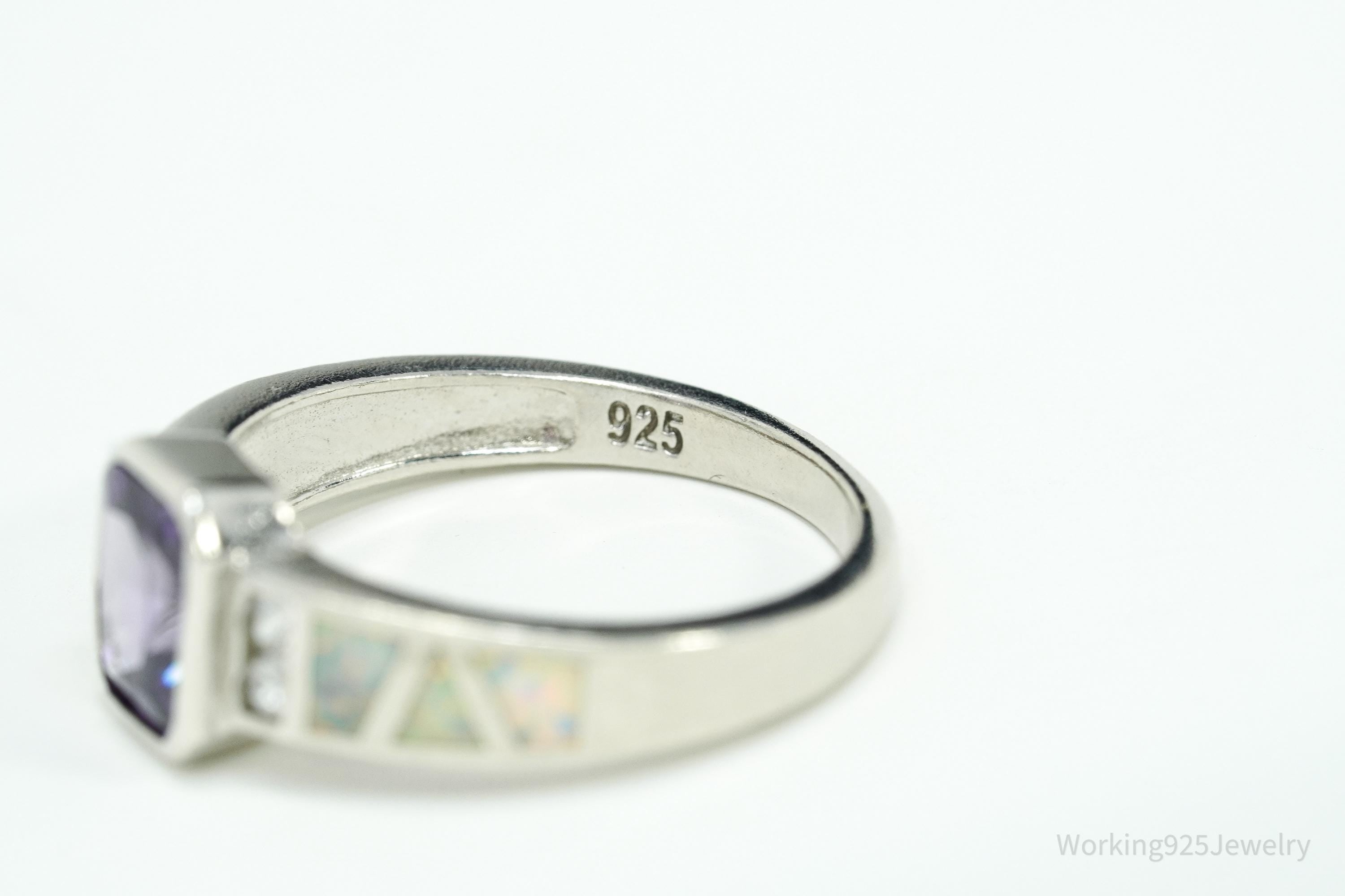Vintage Amethyst Cubic Zirconia Opal Sterling Silver Ring - Size 8.75