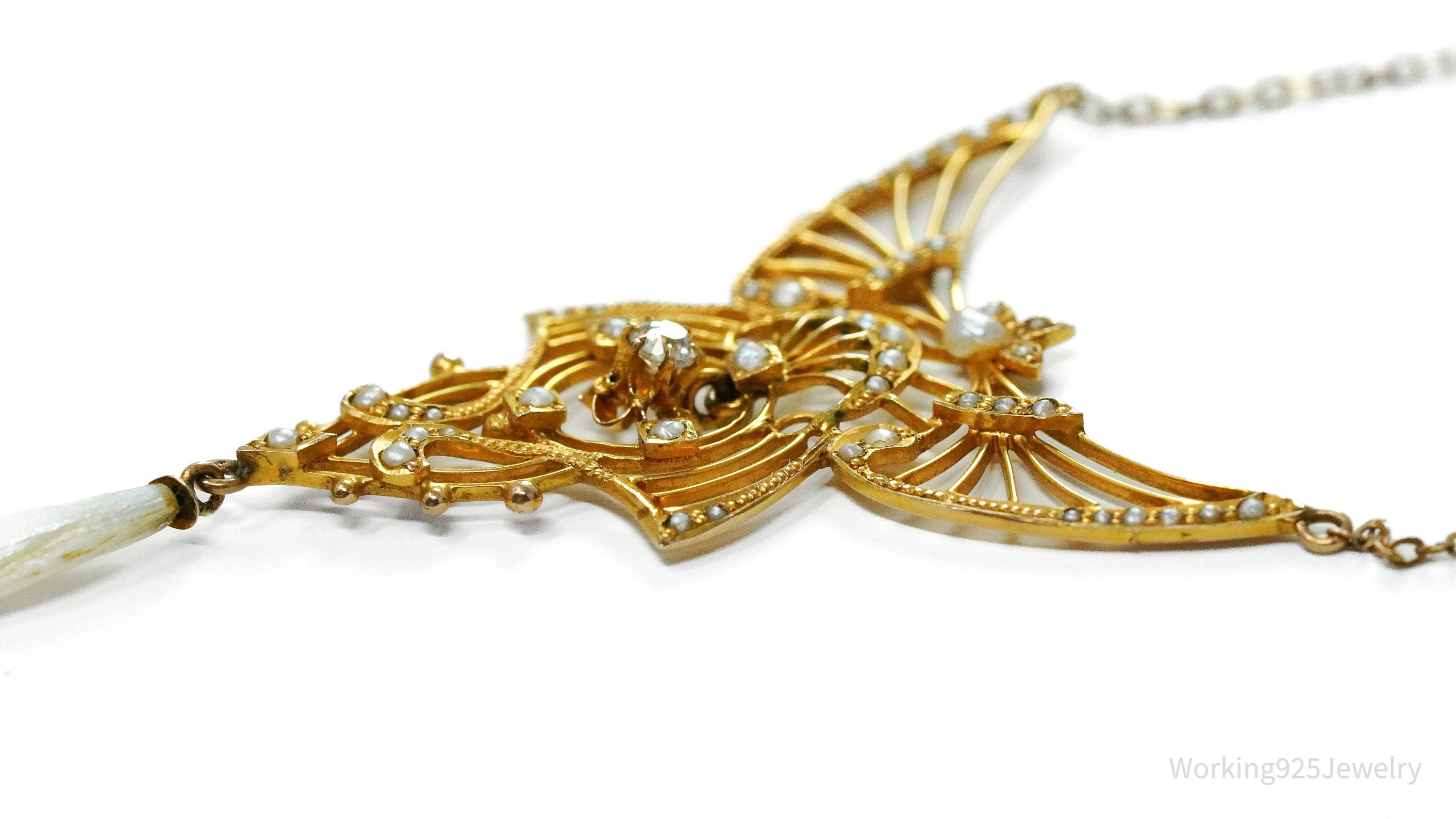 Ornate 14K Yellow Gold, Pearl & Diamond Pendant Necklace - 17"