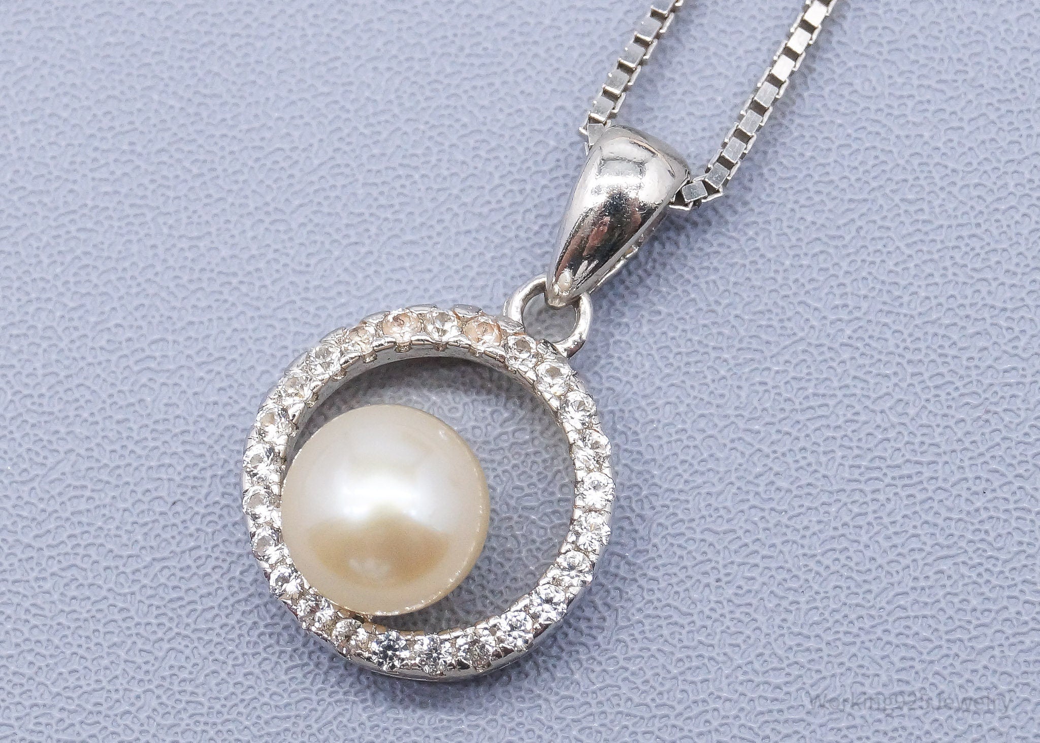 Vintage Pearl Cubic Zirconia Sterling Silver Necklace 18"