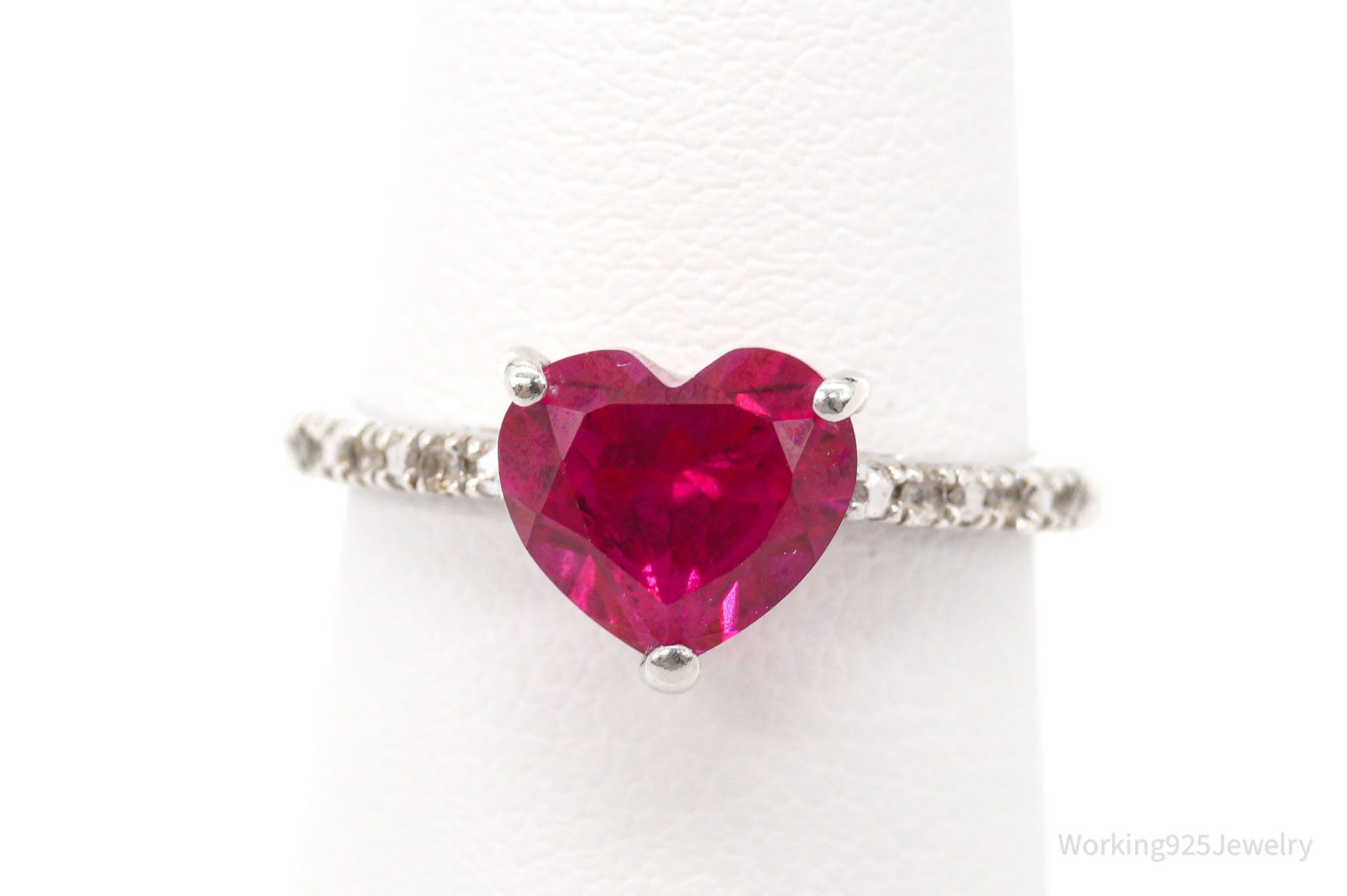 Vintage Ruby Heart Cubic Zirconia Sterling Silver Ring - Size 6.75