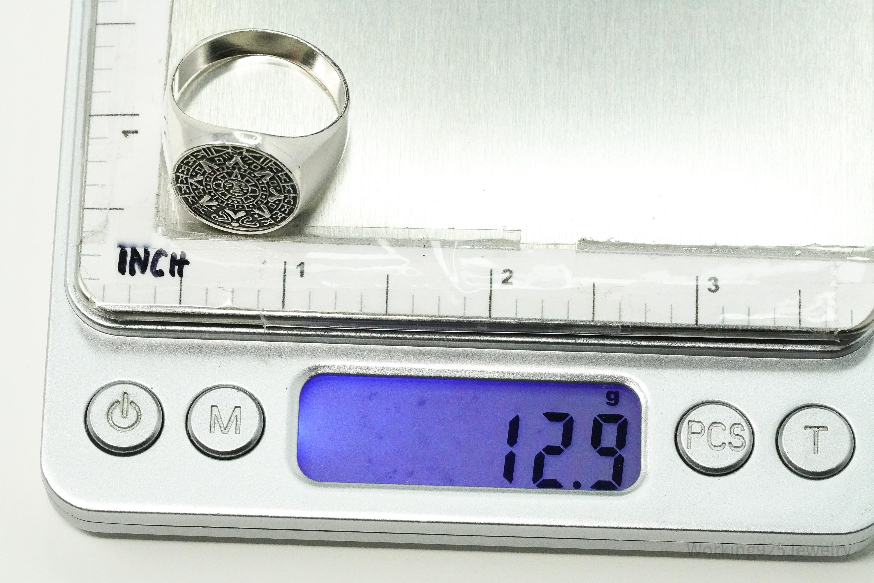 Vintage Aztec Mayan Sun Calendar Sterling Silver Ring Size 11.5