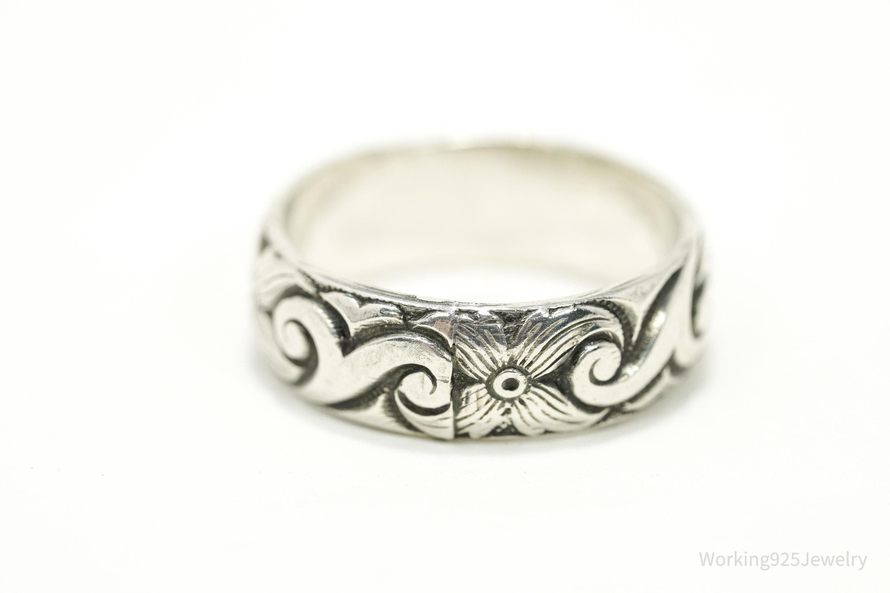Antique Art Nouveau Floral Pattern Silver Band Ring - Size 6.25