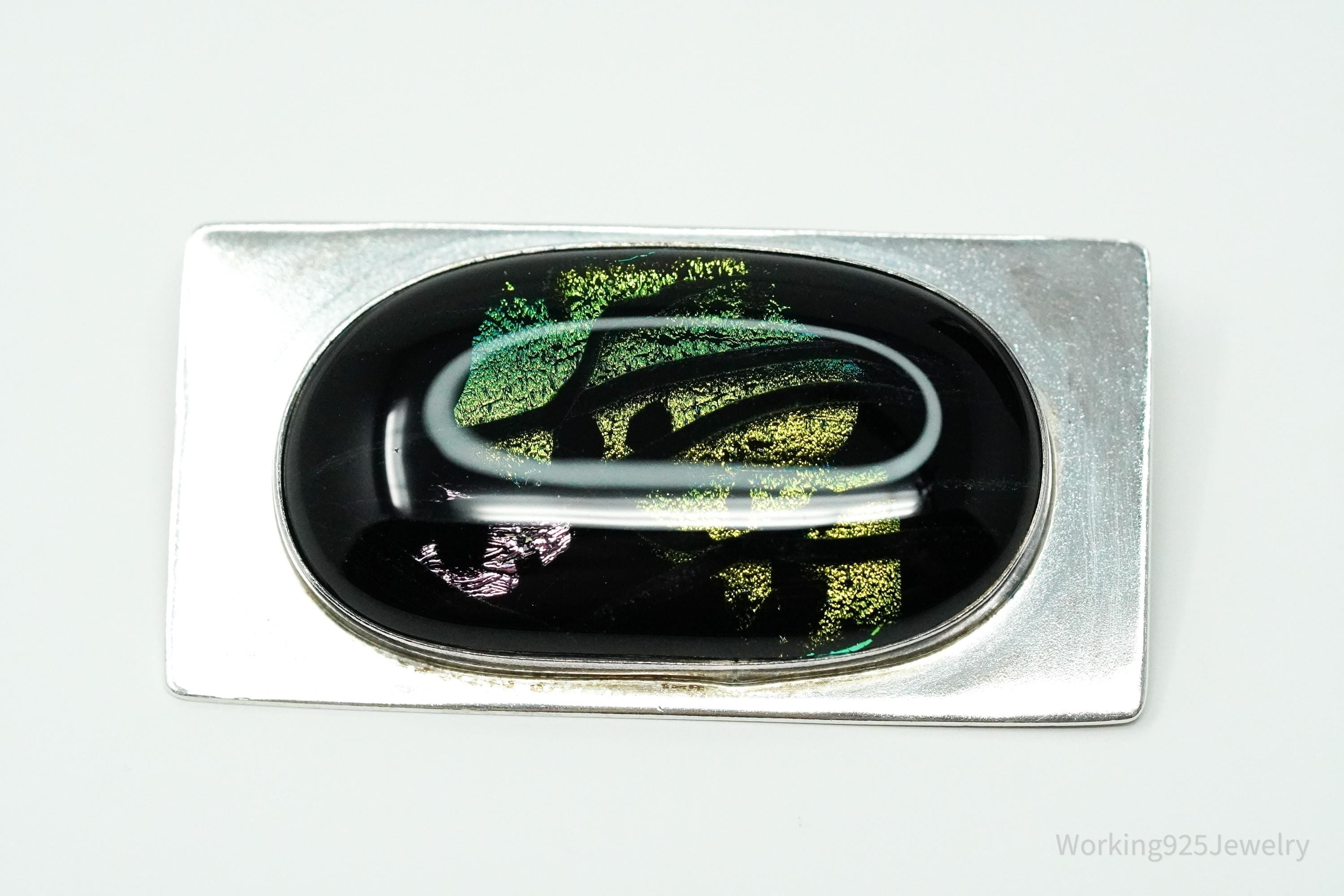 Vintage Large Dichroic Glass Sterling Silver Brooch Pin Pendant