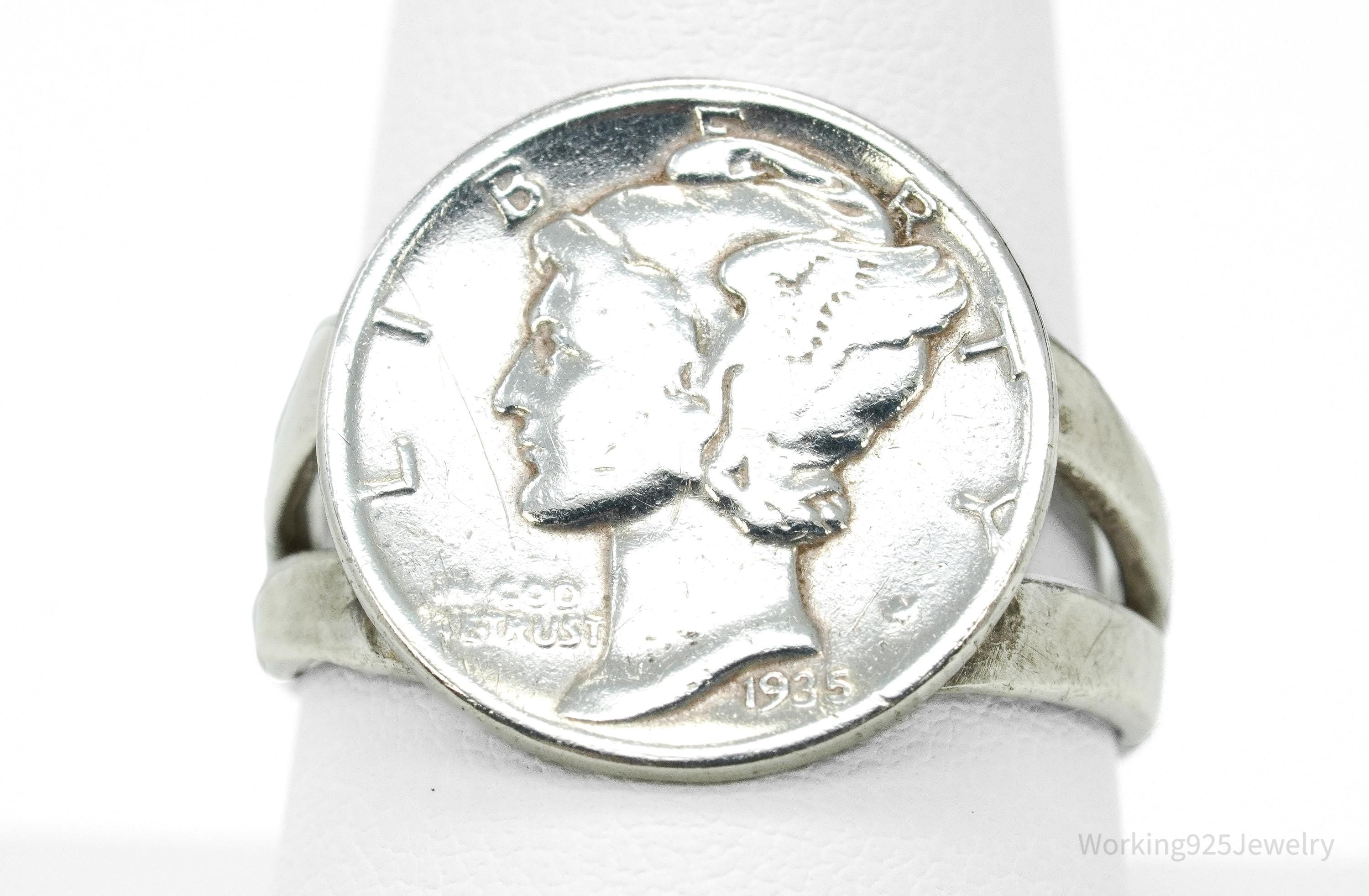 Vintage 1935 Mercury Dime Coin Silver Ring - Size 10.25