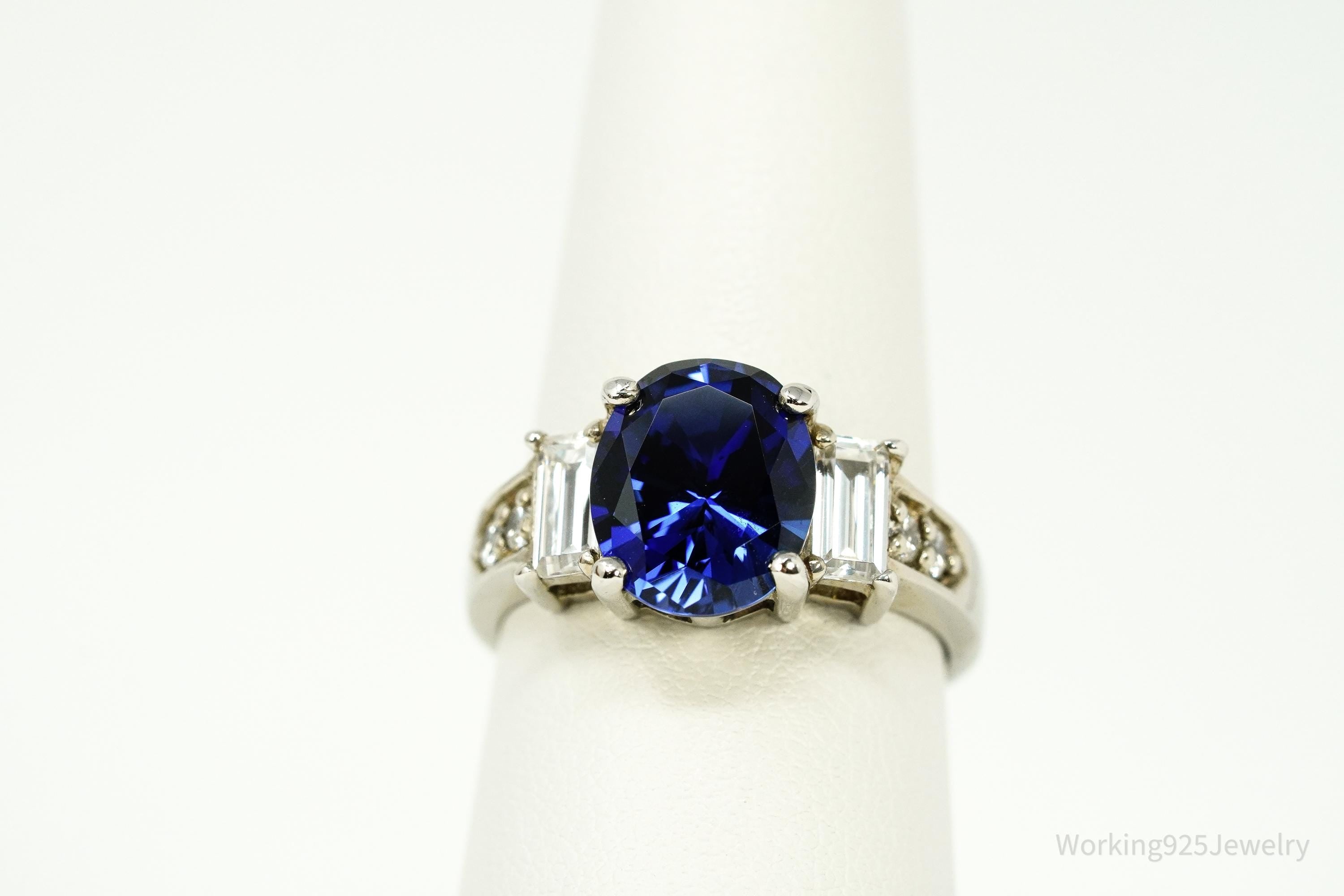 Vintage Lab Sapphire & Diamonique Cubic Zirconia Sterling Silver Ring - Size 8.25