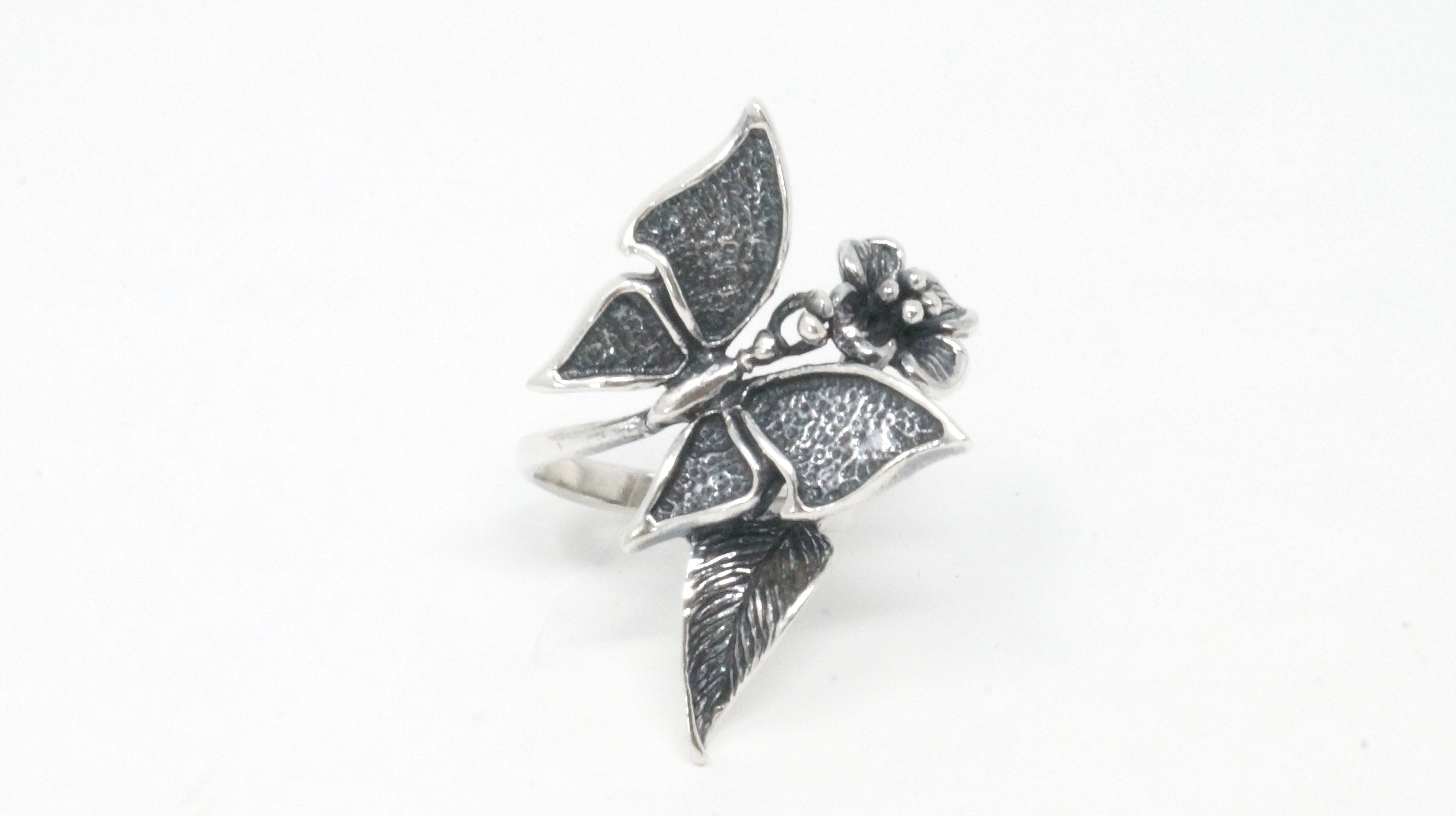 Vintage Sterling Silver Butterfly Floral Flower Art Nouveau Wrap Ring Size 8 3/4