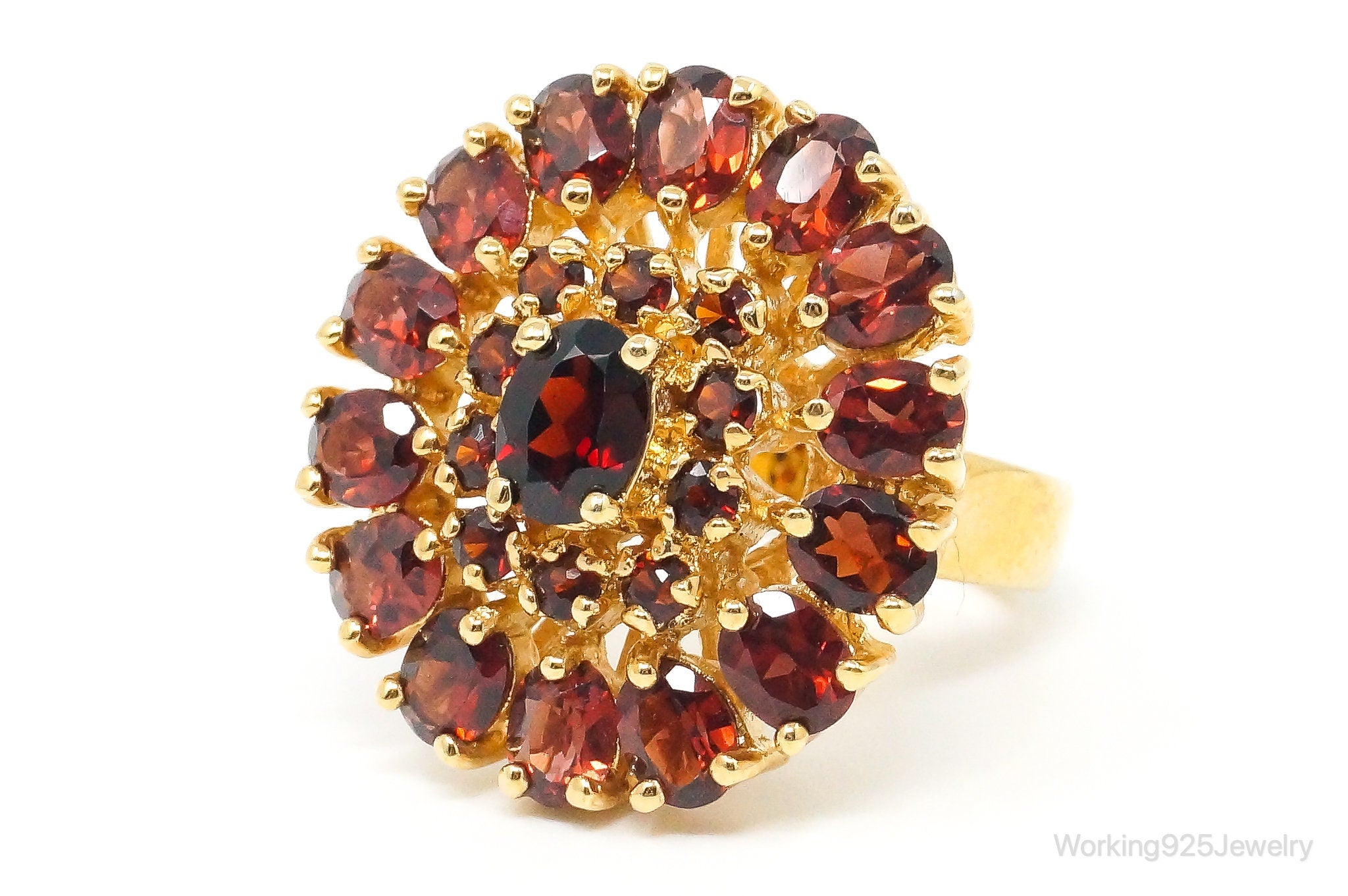 Vintage Red Garnet Cluster Gold Vermeil Sterling Silver Statement Ring Size 8