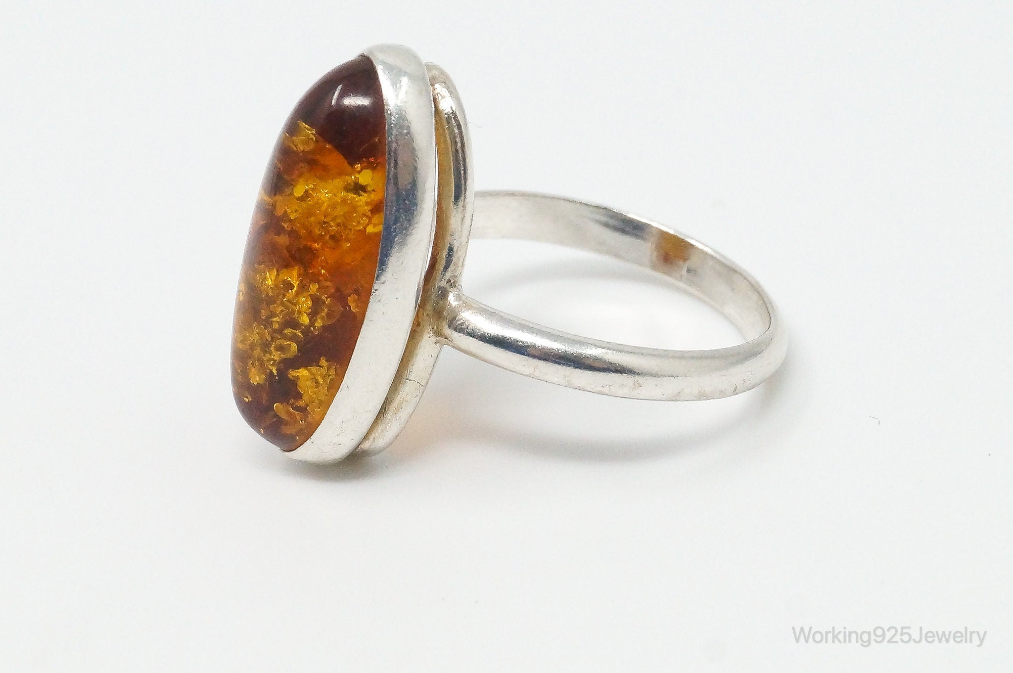 Vintage Large Baltic Amber Sterling Silver Ring - Size 6.25