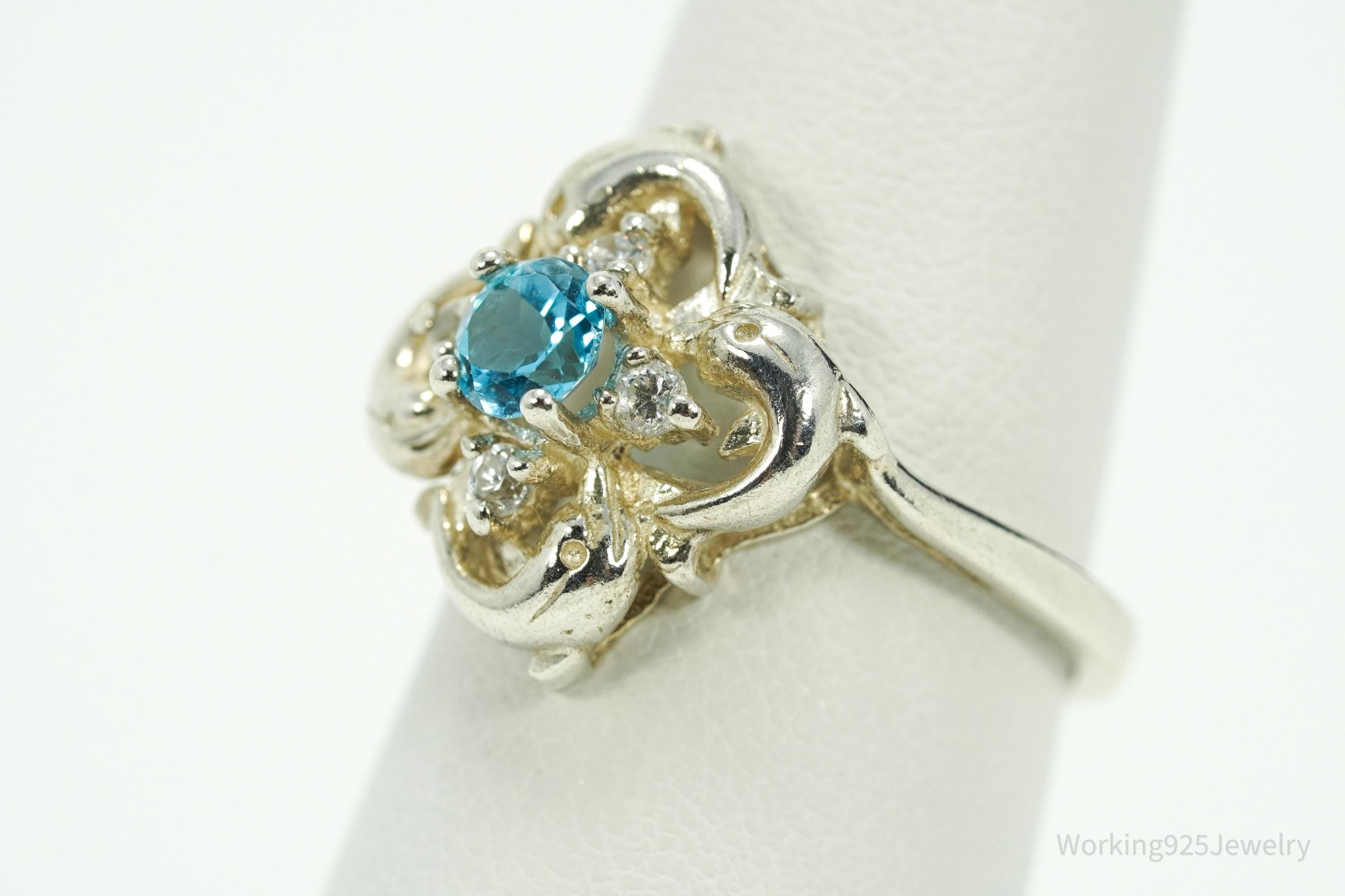 Vintage Blue Topaz & Cubic Zirconia Dolphins Sterling Silver Ring - Size 7
