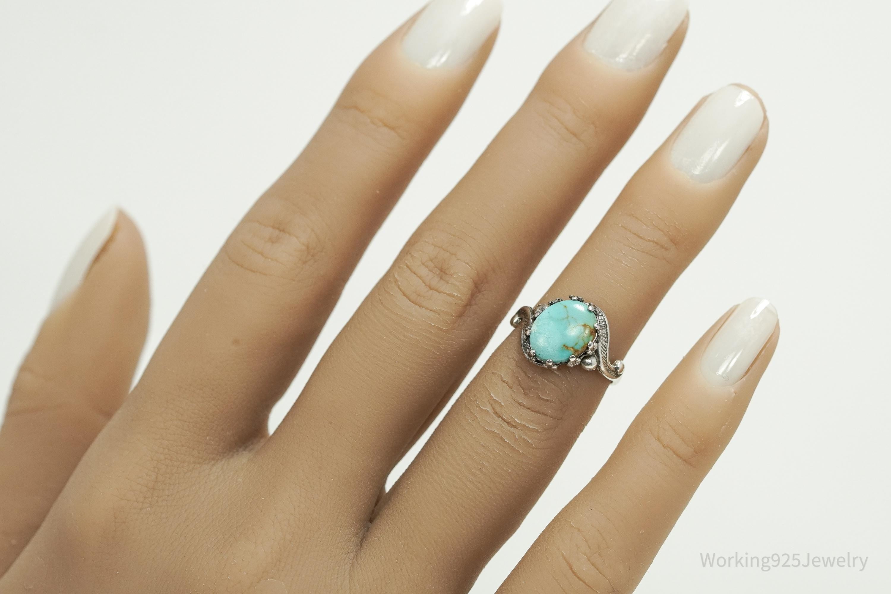 Vintage Native American Signed JP Turquoise Sterling Silver Ring - Size 4.5