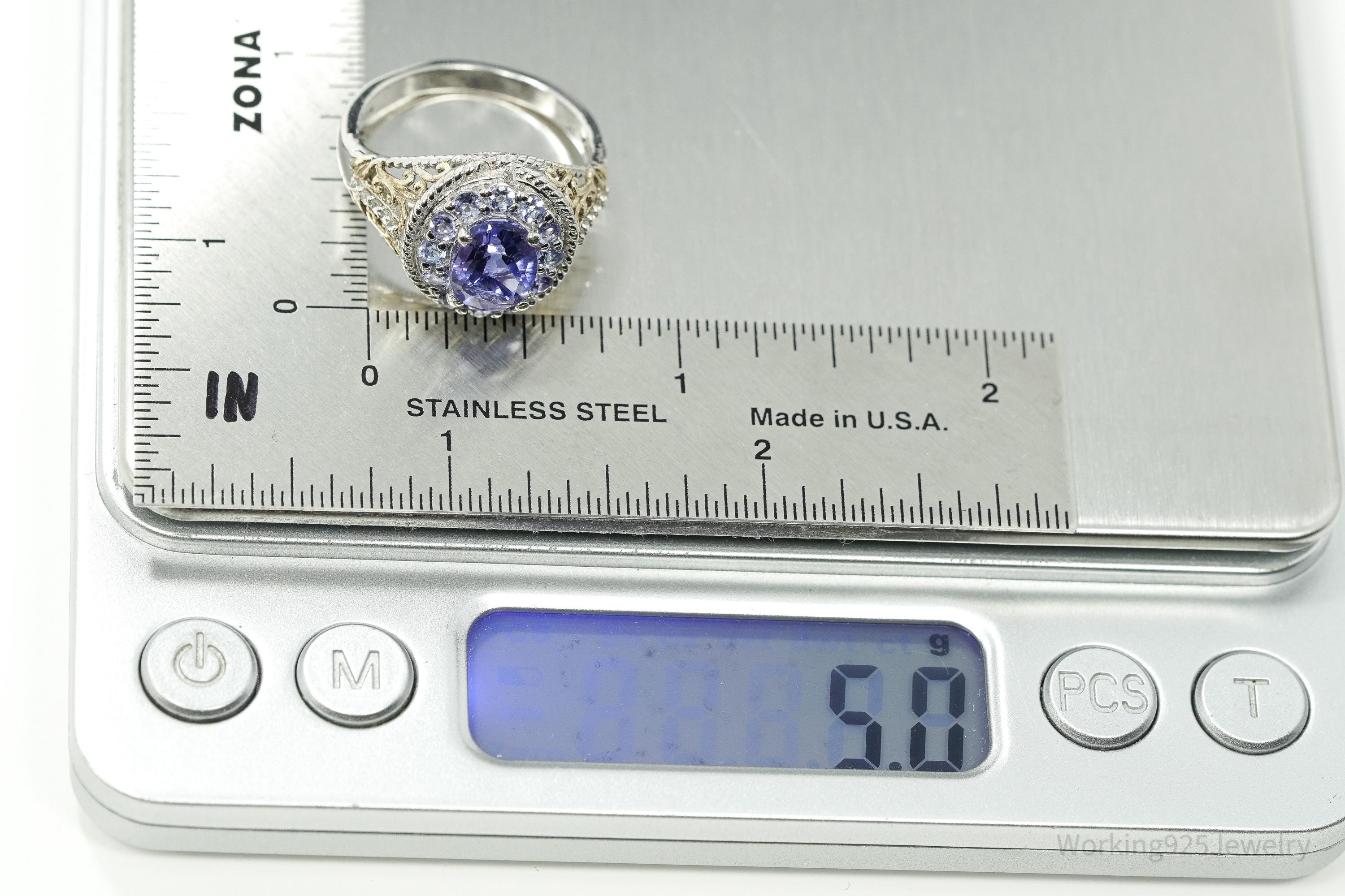 Vintage Tanzanite & White Topaz Gold Vermeil Sterling Silver Ring Size 9