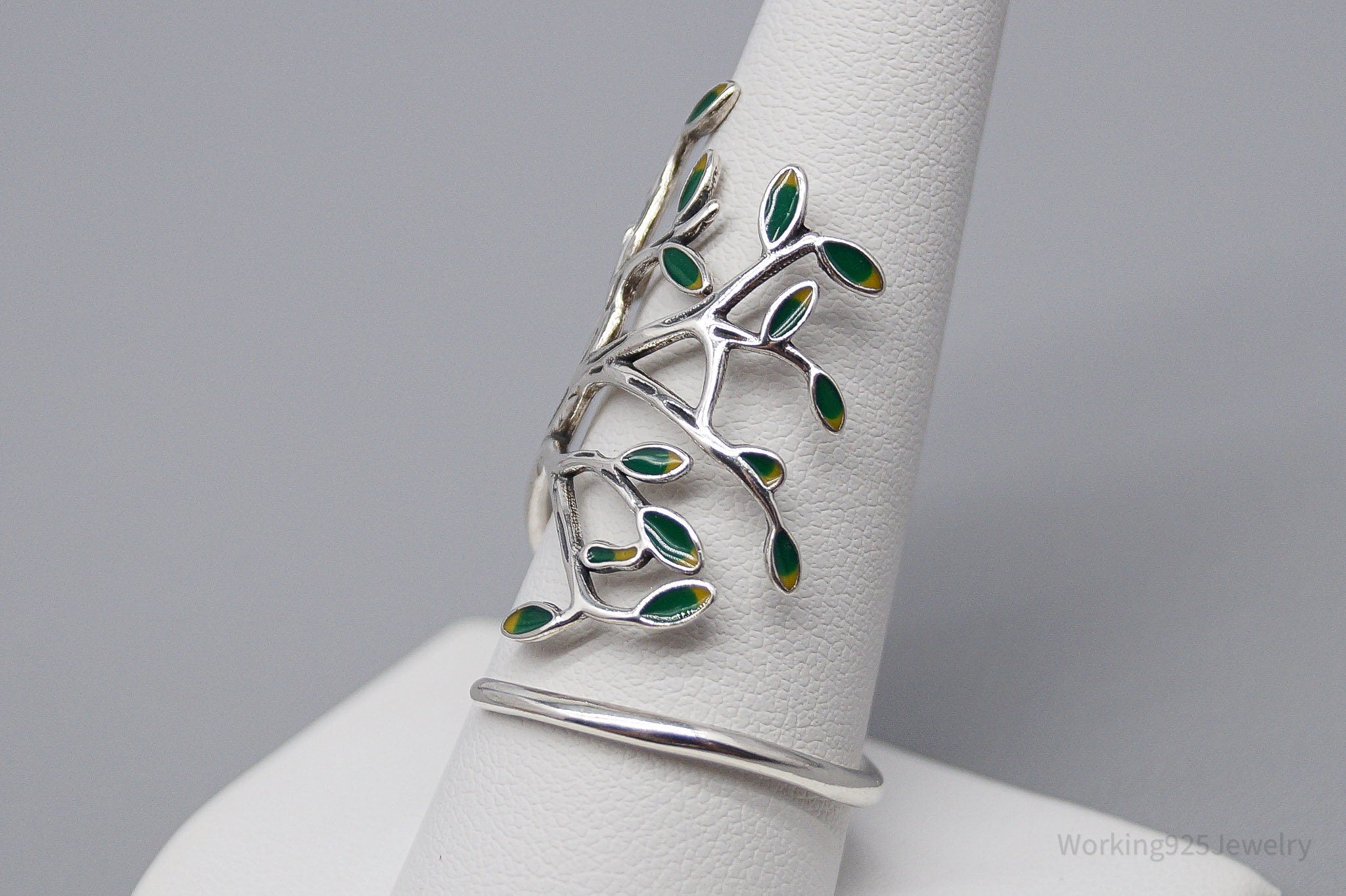 Vintage Tree Sterling Silver & Enamel Wrap Ring - Size 10.15 Adjustable