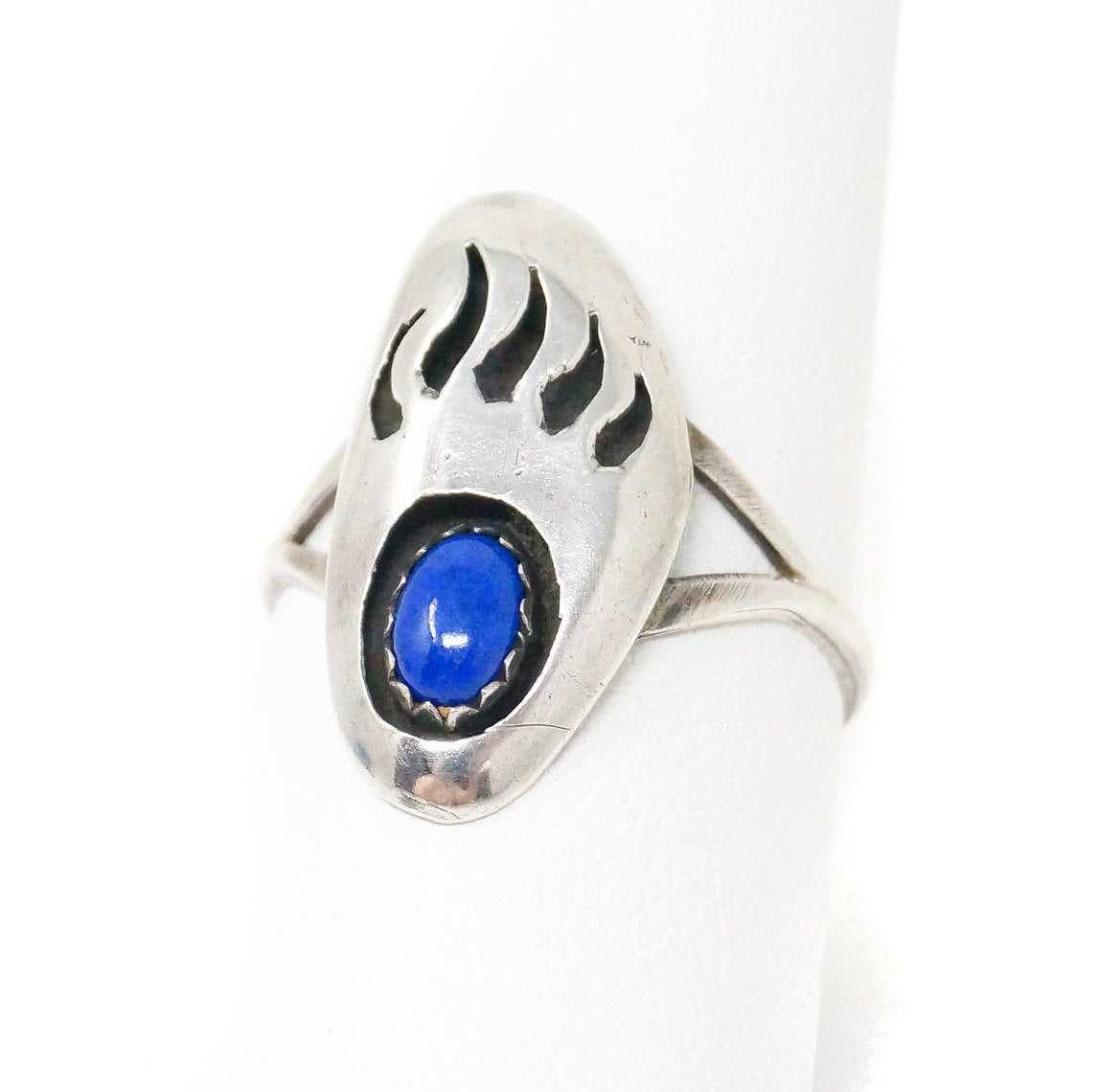 Vintage Native Lapis Lazuli Bear Paw Claw Cut Out Sterling Silver Ring Sz 8.25