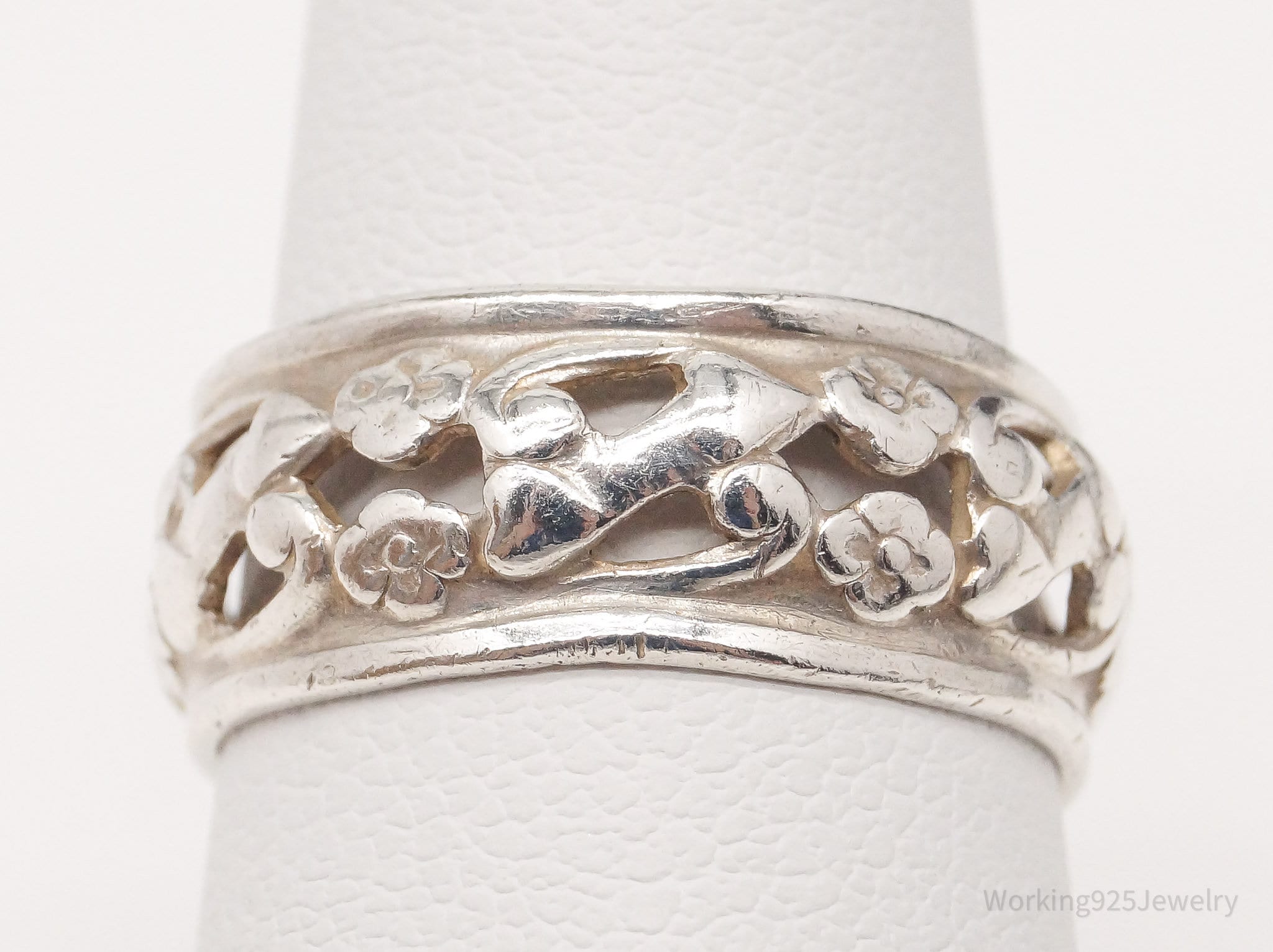 Antique Art Nouveau Floral Pattern Silver Band Ring - Size 6