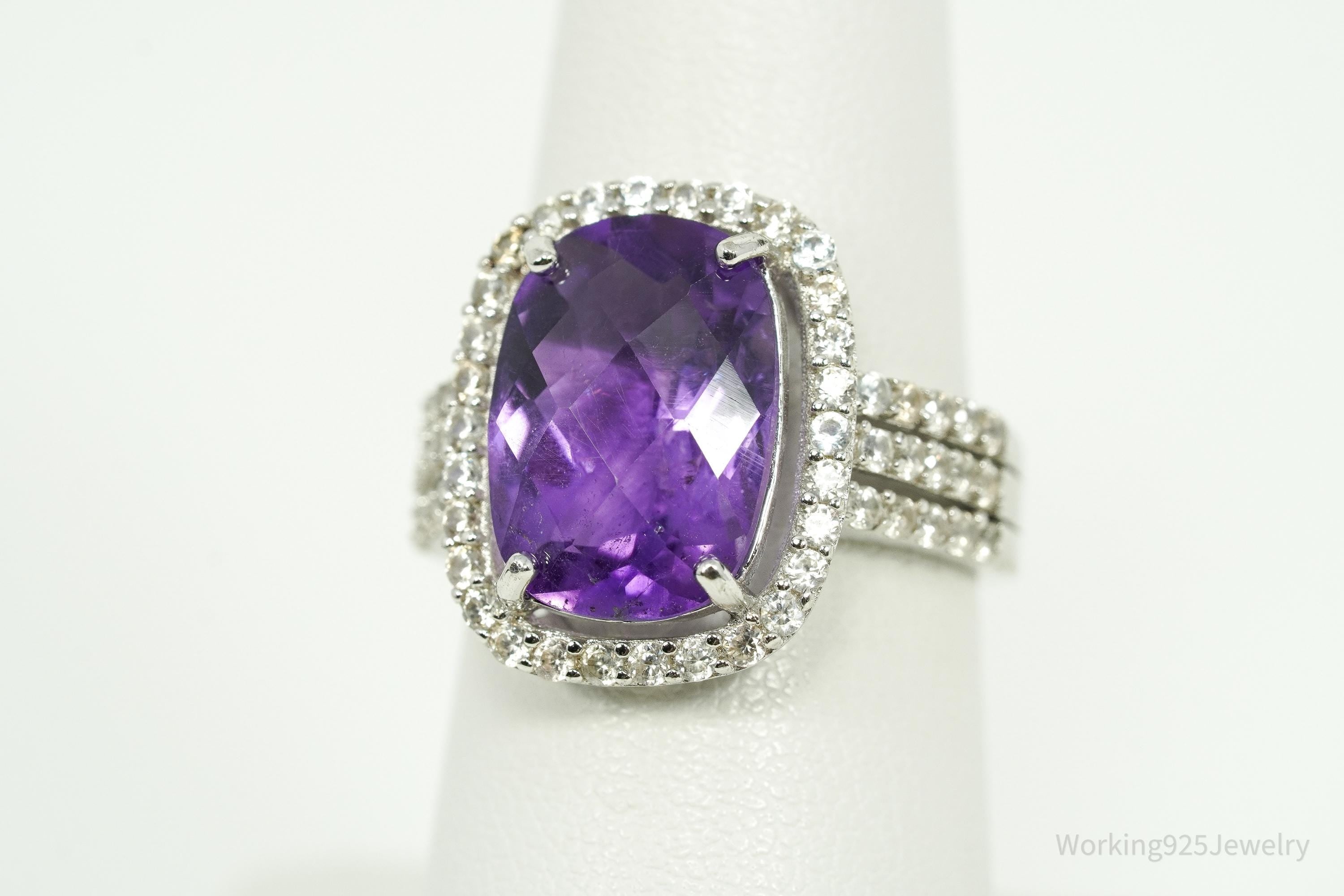 Vintage Amethyst & White Topaz Sterling Silver Ring - Size 7