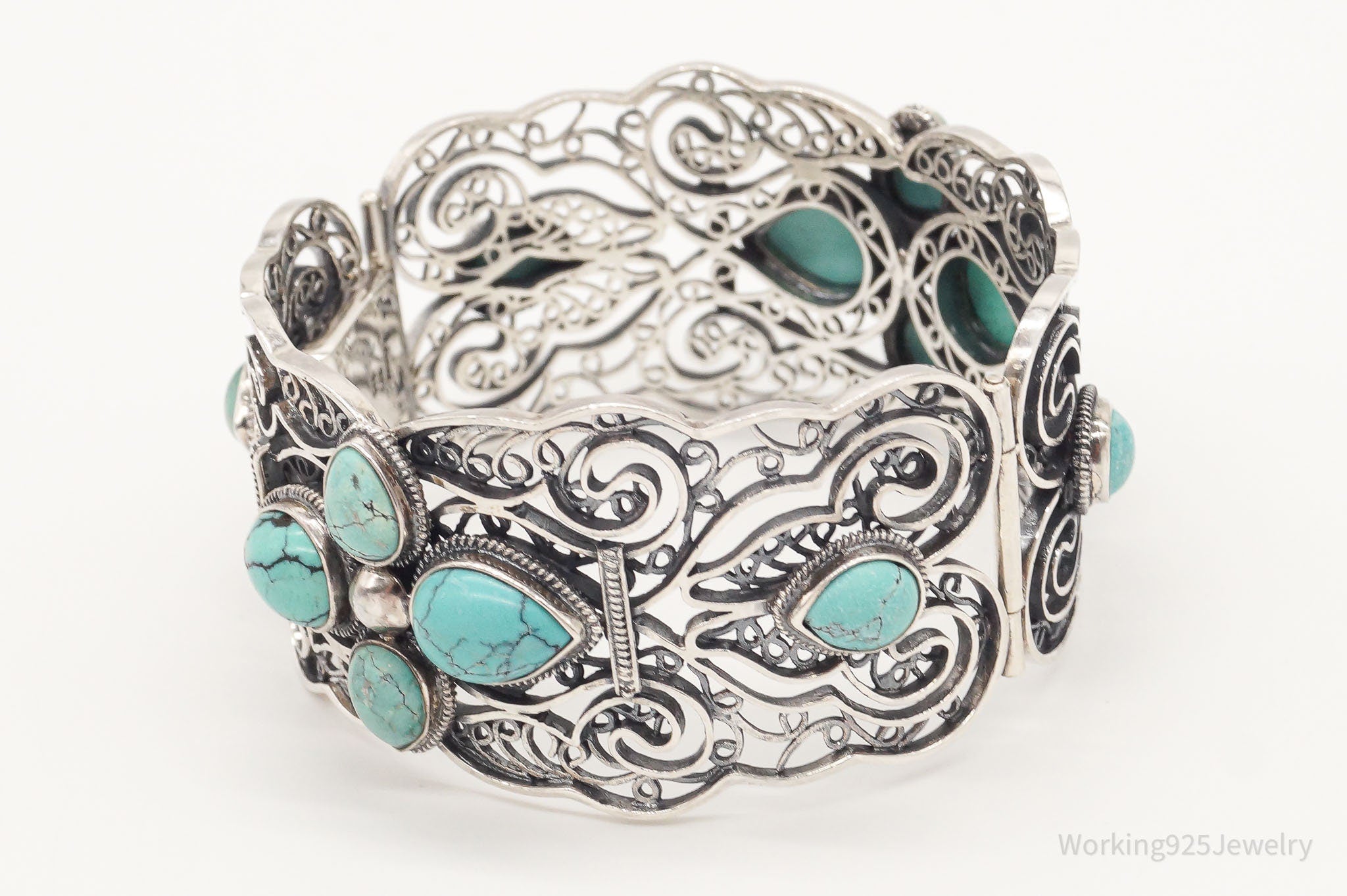 Vintage Chinese Designer BJ Turquoise Filigree Sterling Silver Cuff Bracelet