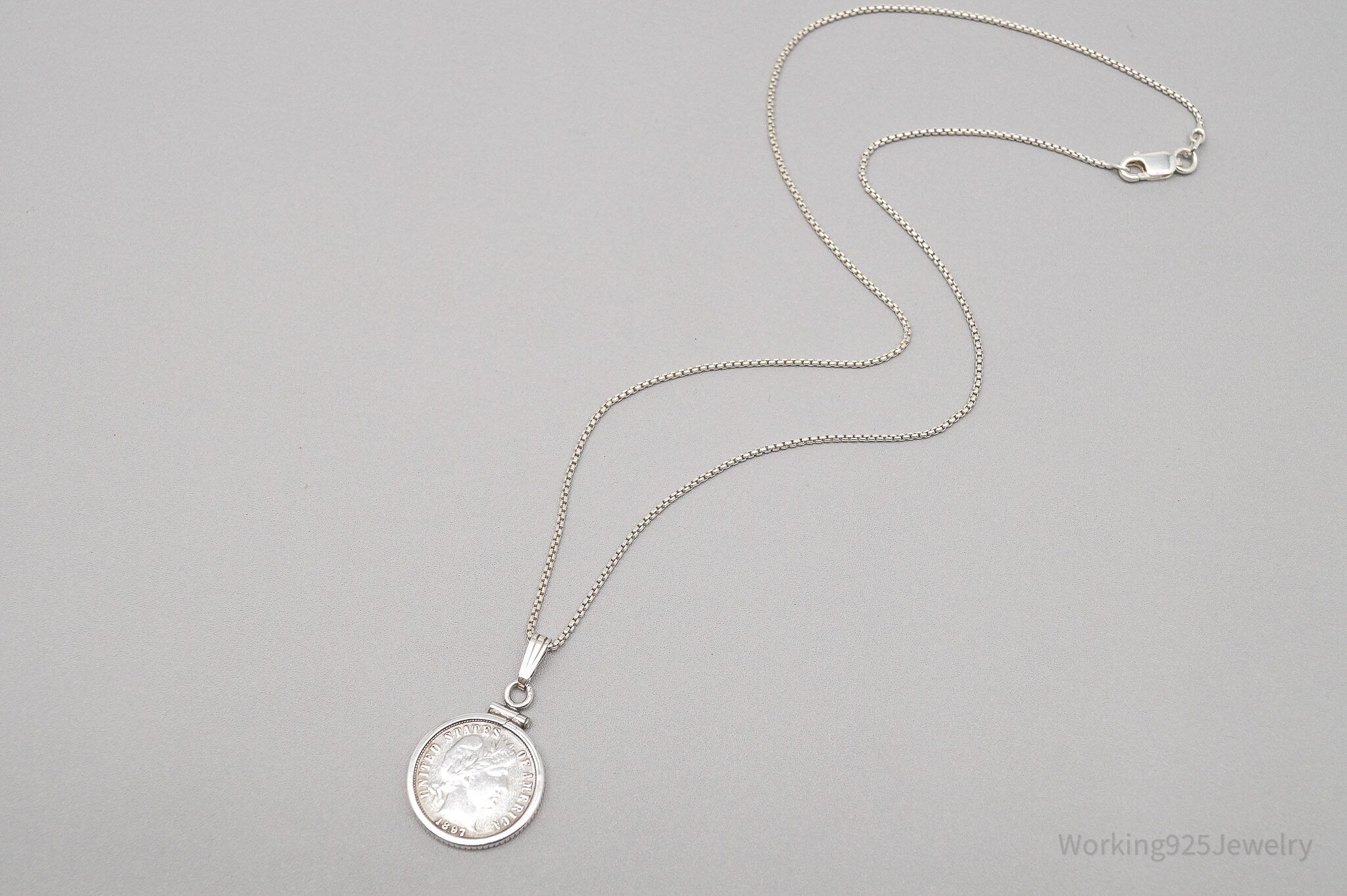 Antique Vintage 1897 Barber Dime Sterling Silver Chain Necklace - 16"