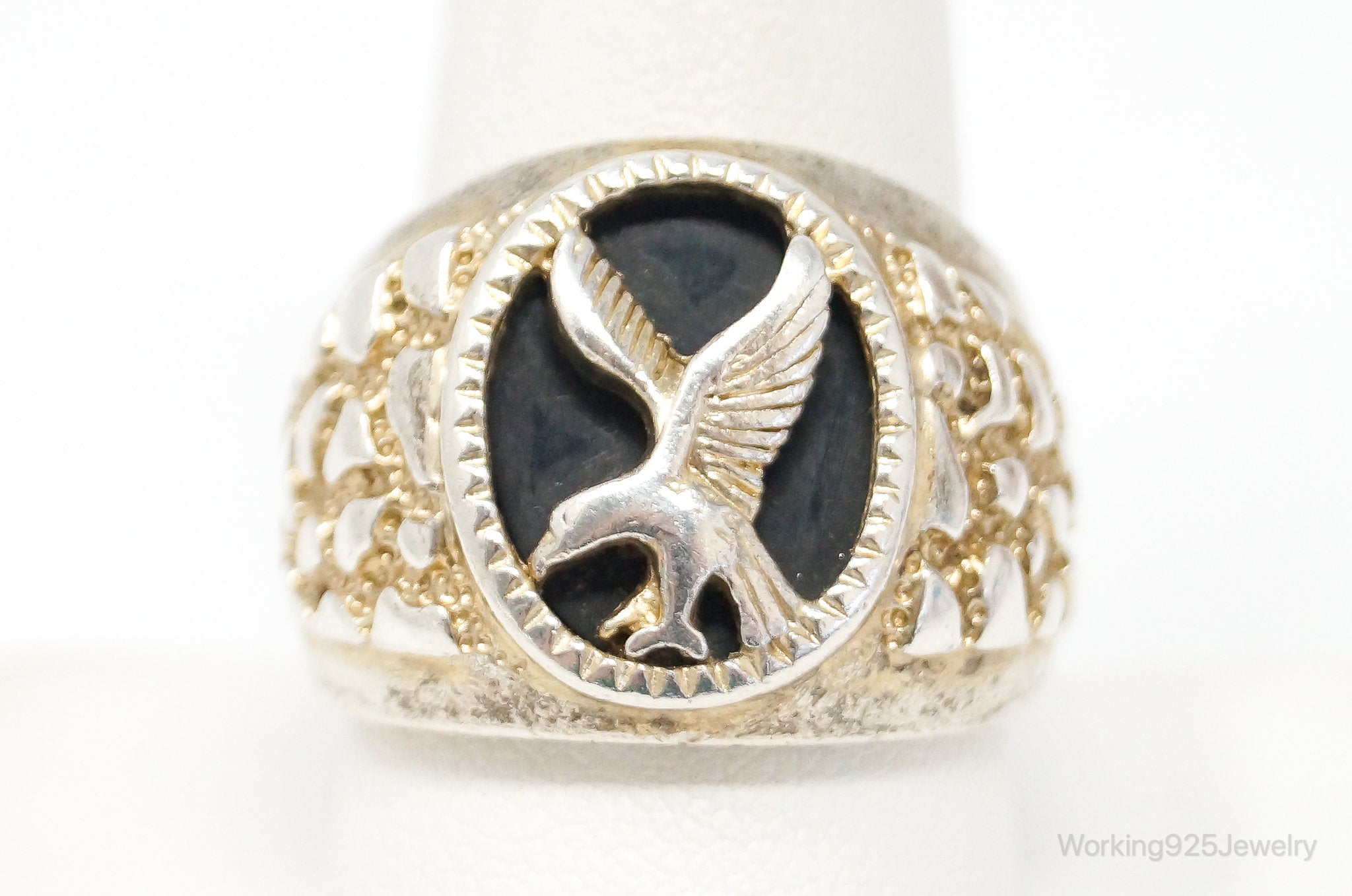 Vintage PJM Black Onyx Eagle Southwestern Sterling Silver Ring Size 9.75