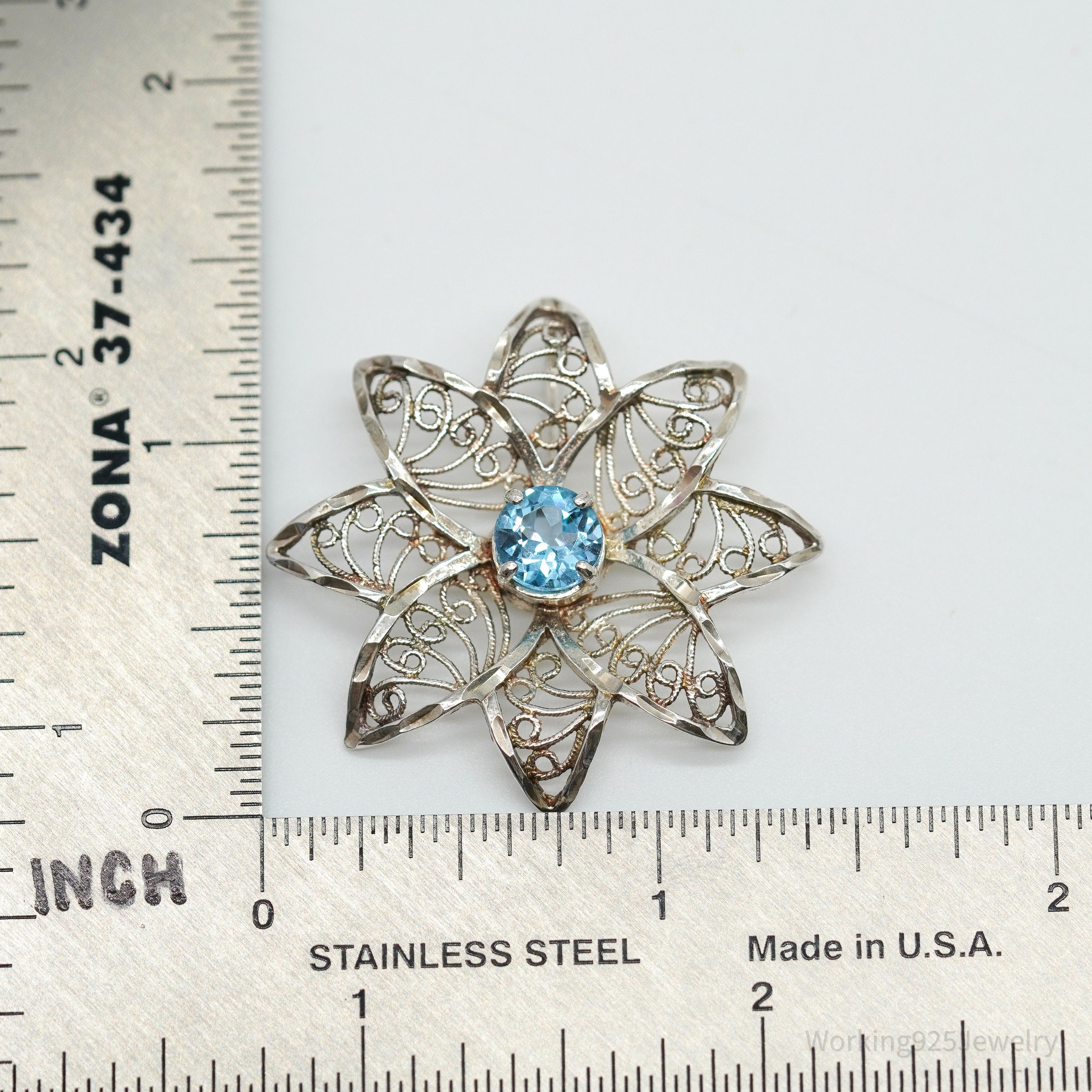 Vintage Ornate Blue Topaz Flower Sterling Silver Necklace Pendant