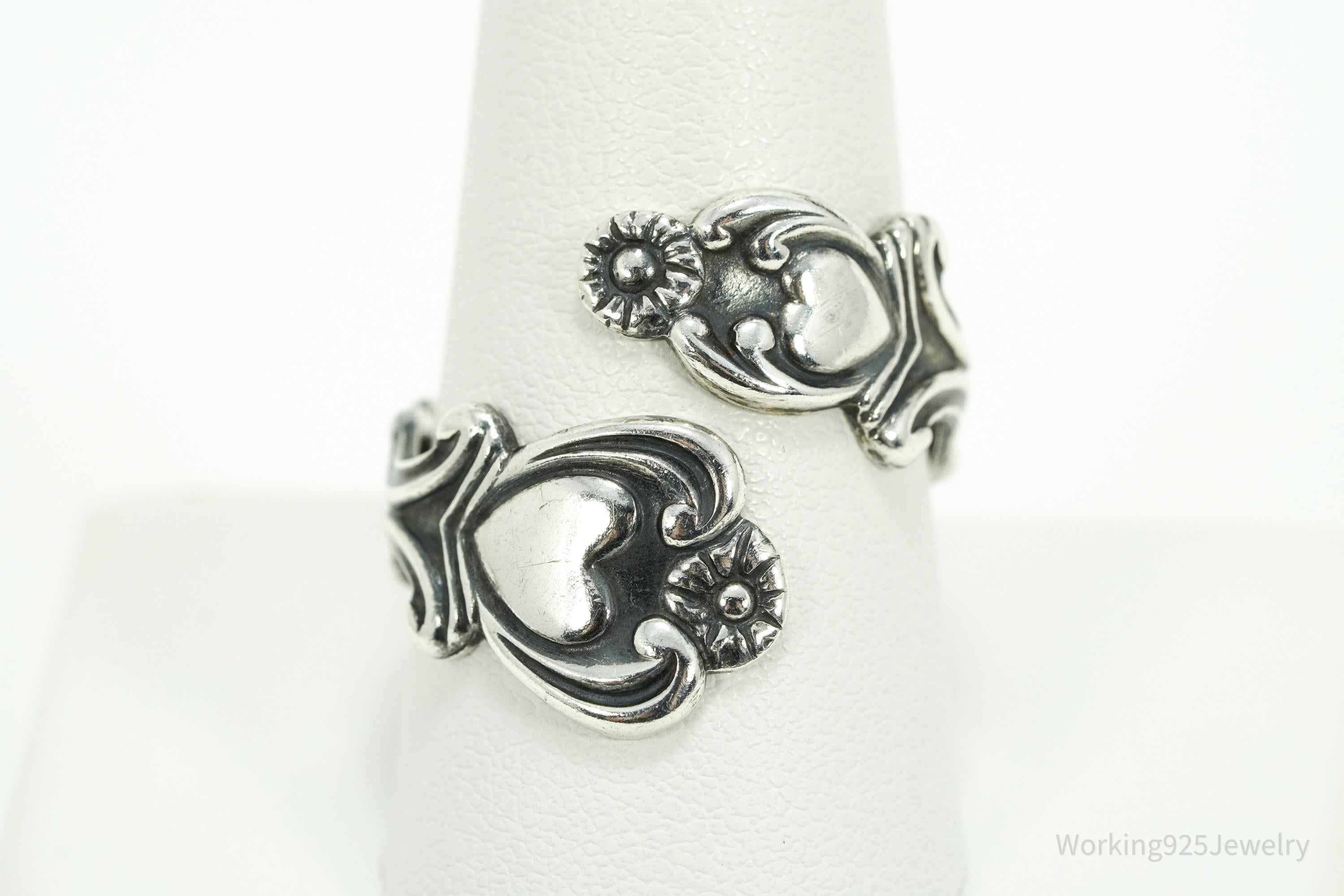 Vintage Avon Hearts & Flowers Sterling Silver Adjustable Wrap Spoon Ring - Size 10.25
