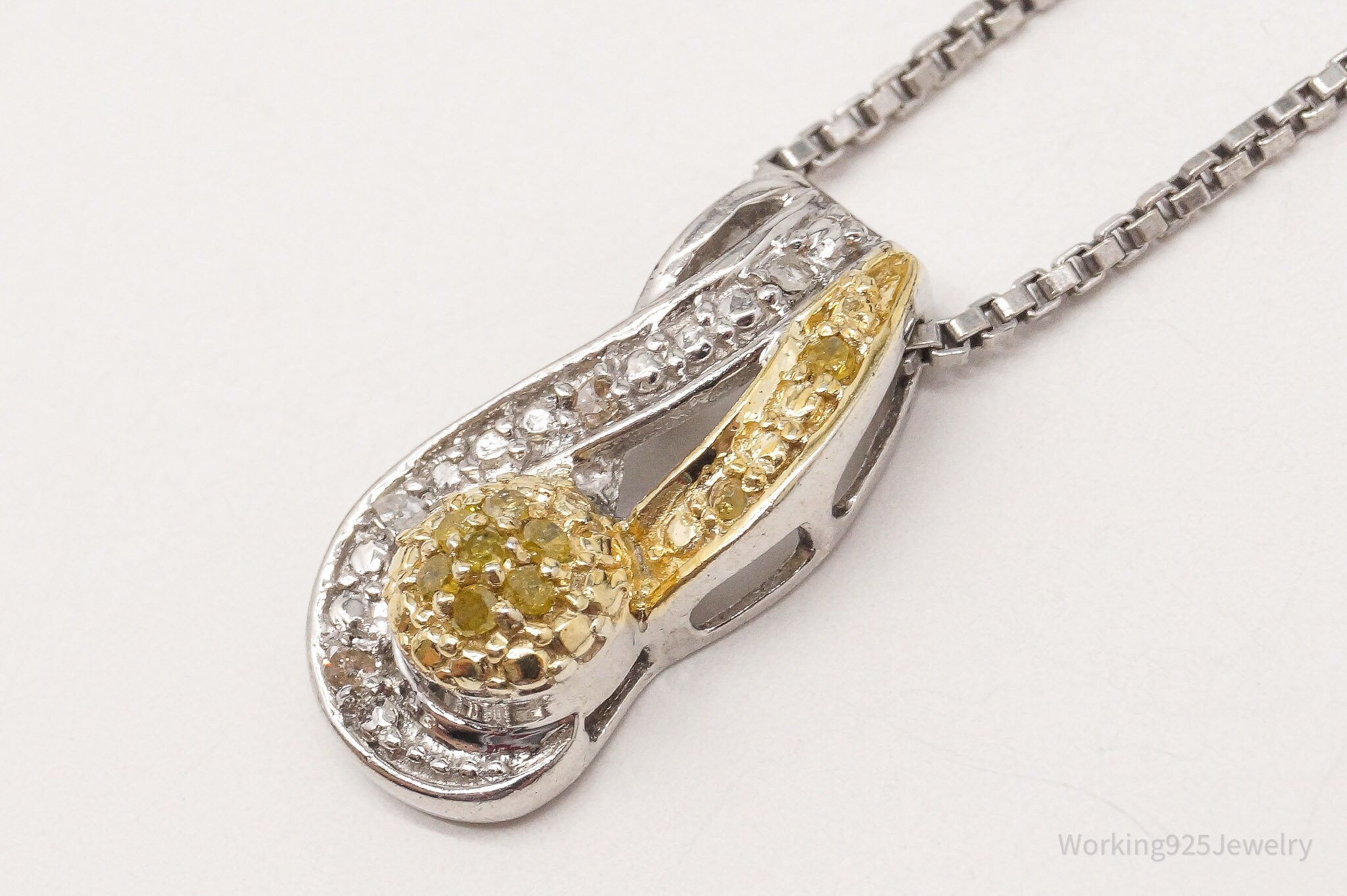 Vintage Yellow & White Diamond Gold Vermeil Sterling Silver Necklace 18"