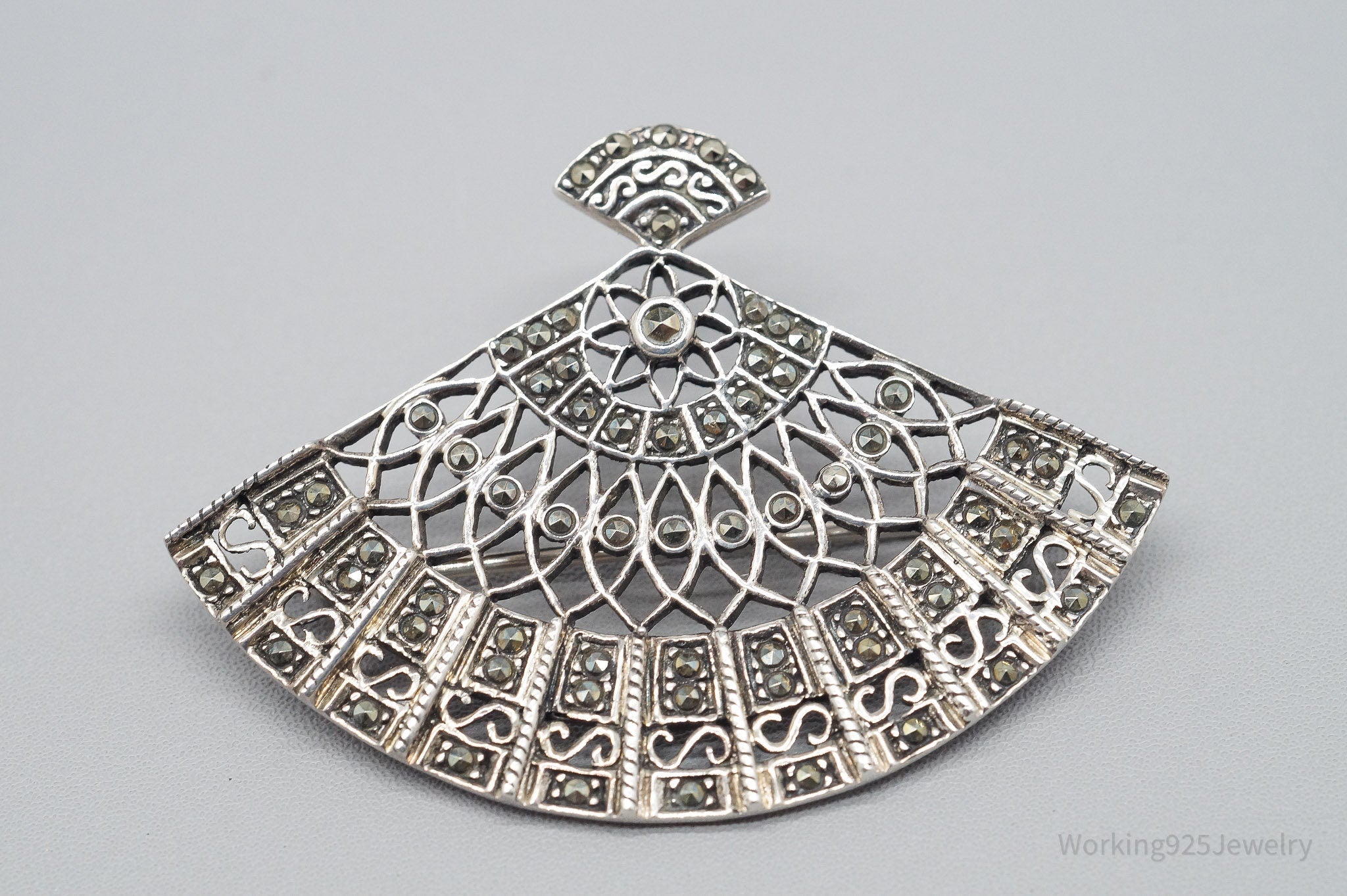Vintage Marcasite Sterling Silver Hand Fan Pendant Pin