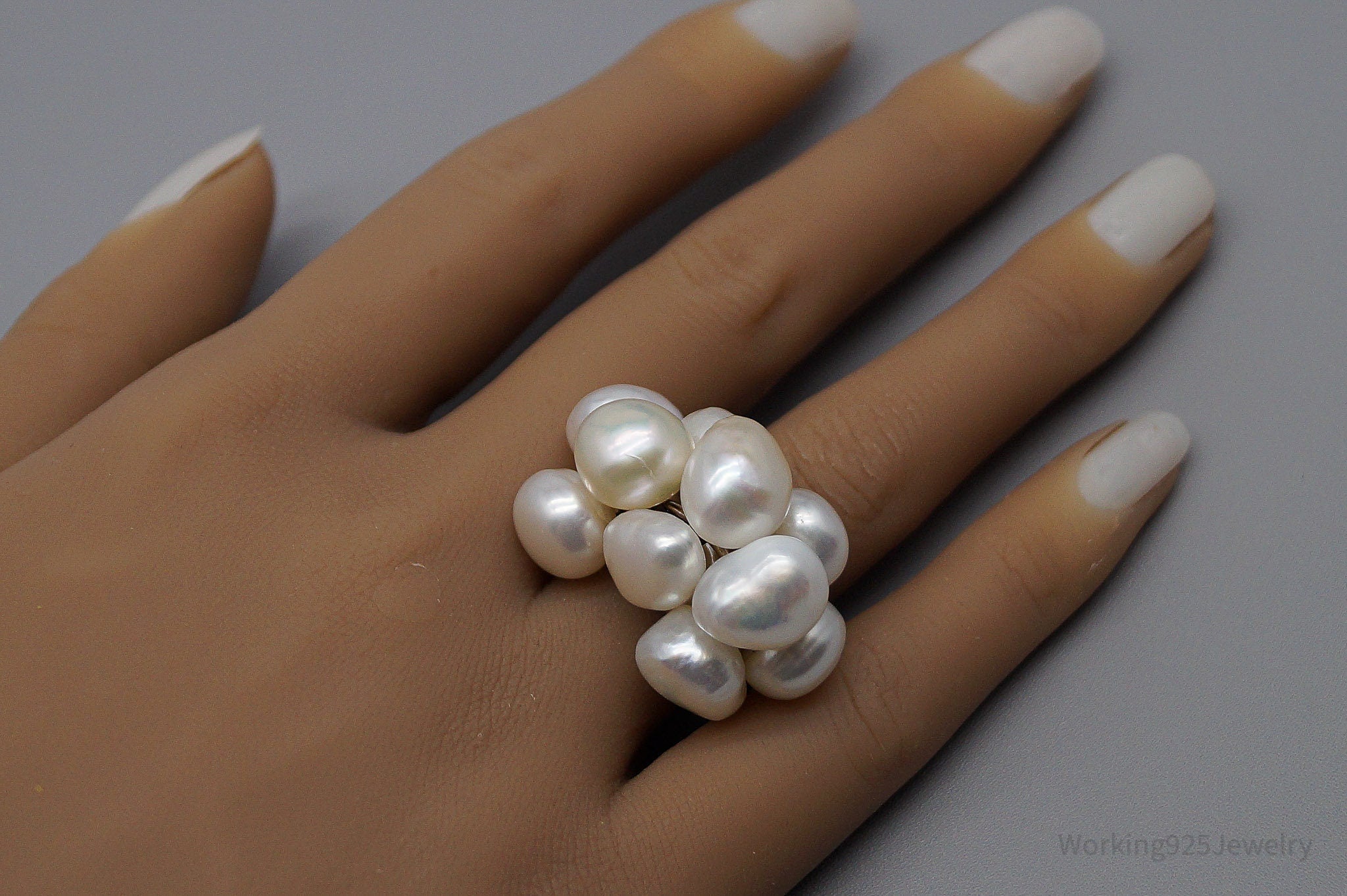 Vintage Pearl Cluster Sterling Silver Ring - Size 7