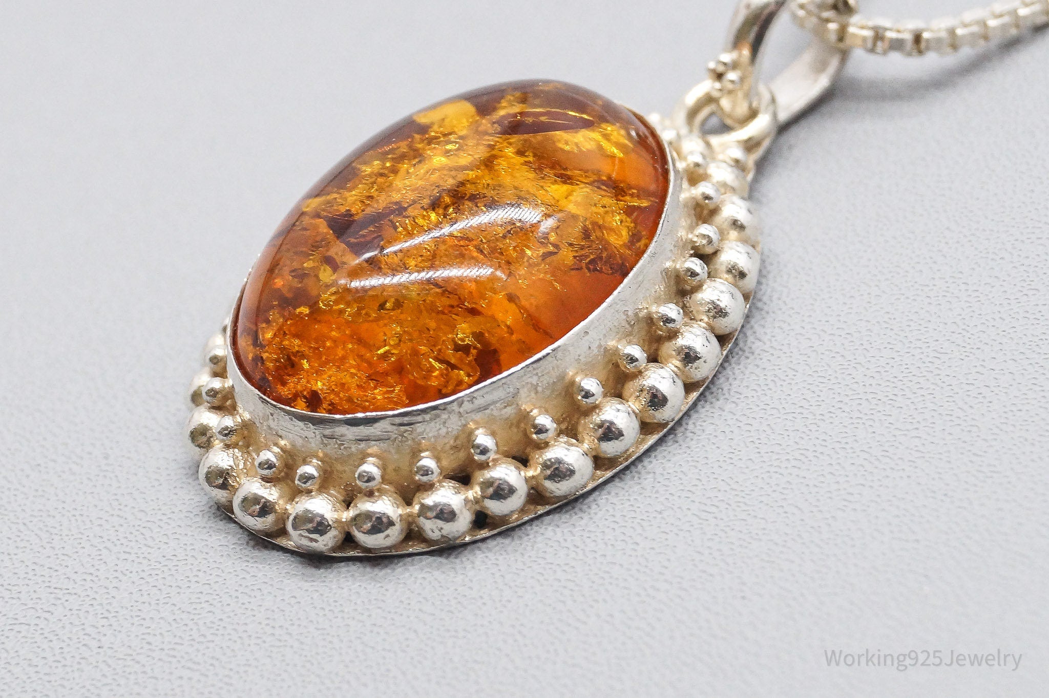 Vintage Large Amber Sterling Silver Chain Necklace 24"