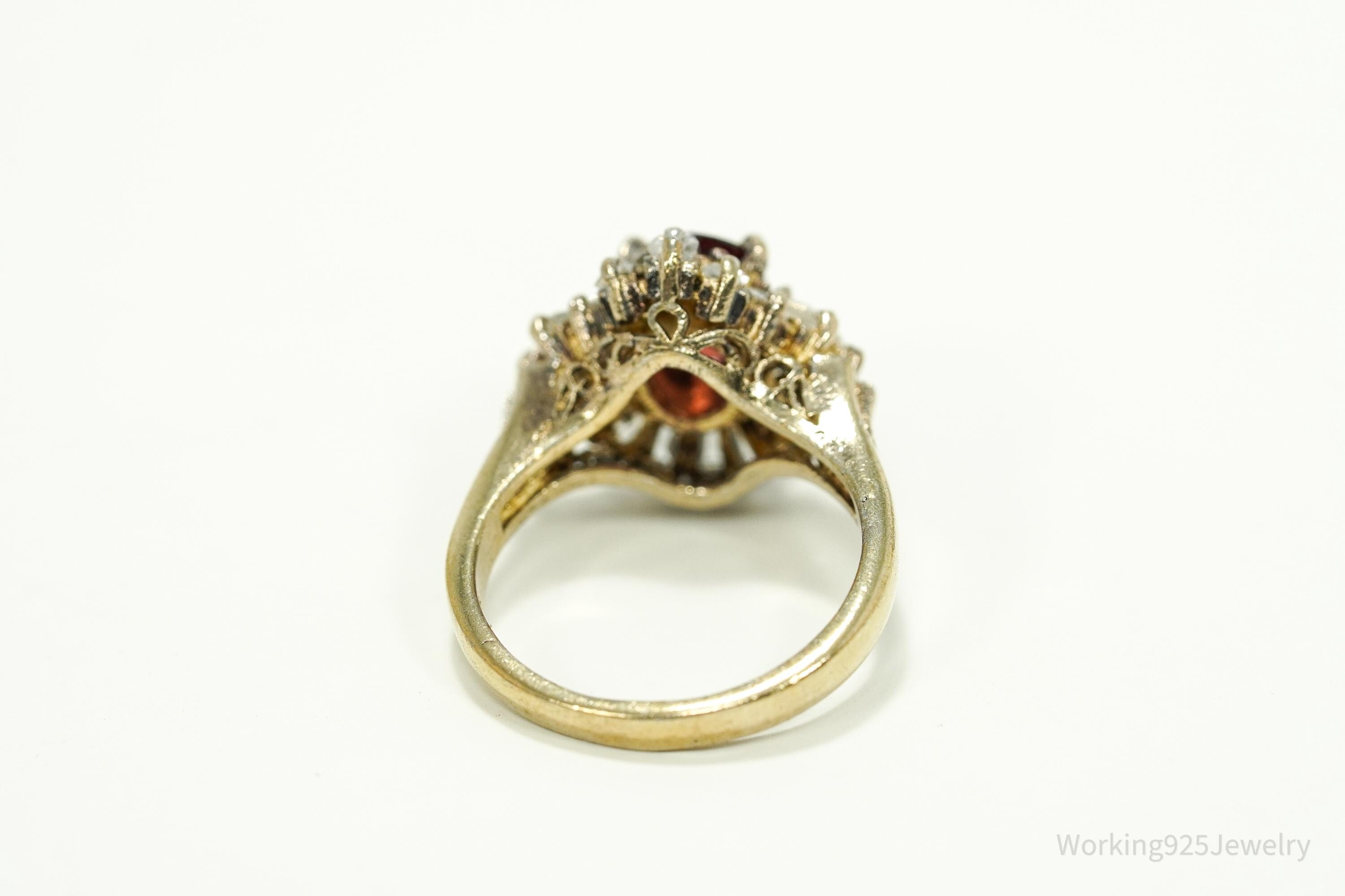 Vintage Garnet & Cubic Zirconia Gold Over Sterling Silver Ring Size 5.75