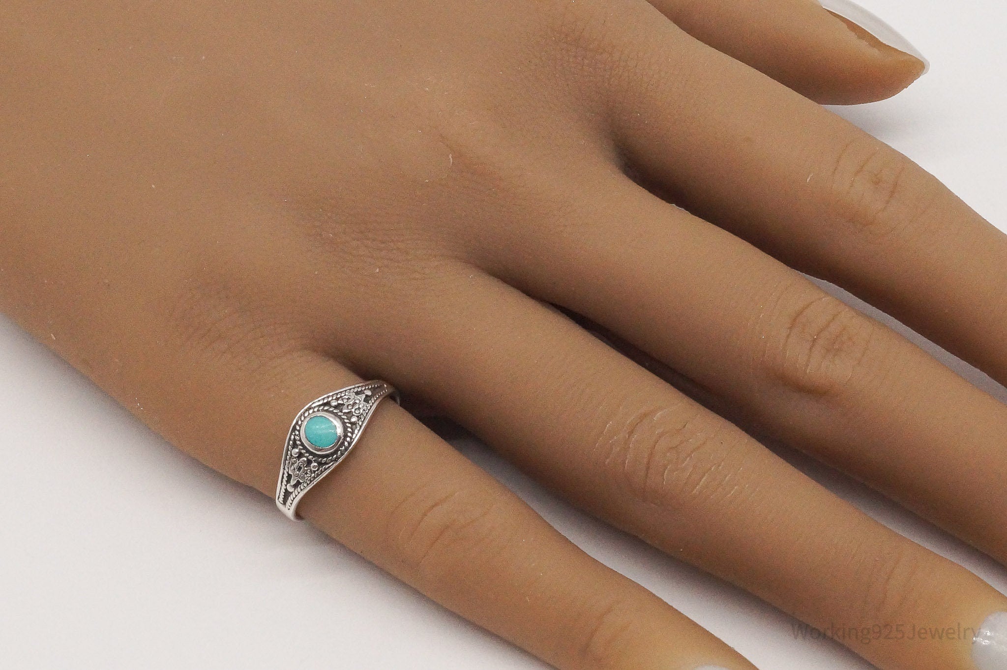 Vintage Turquoise Filigree Sterling Silver Ring - Size 7