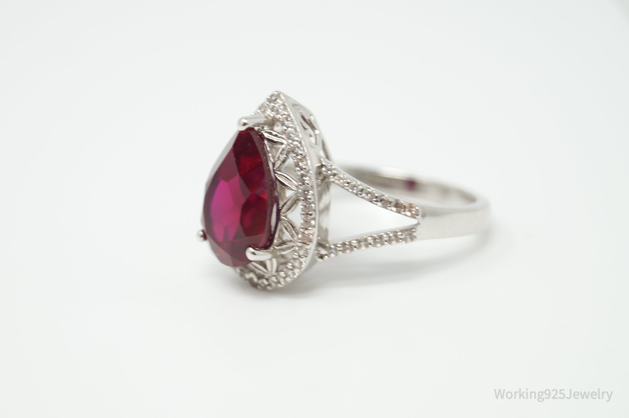 Vtg Designer DK Mid Century Style Lab Ruby CZ Ring Sterling Silver - Size 9