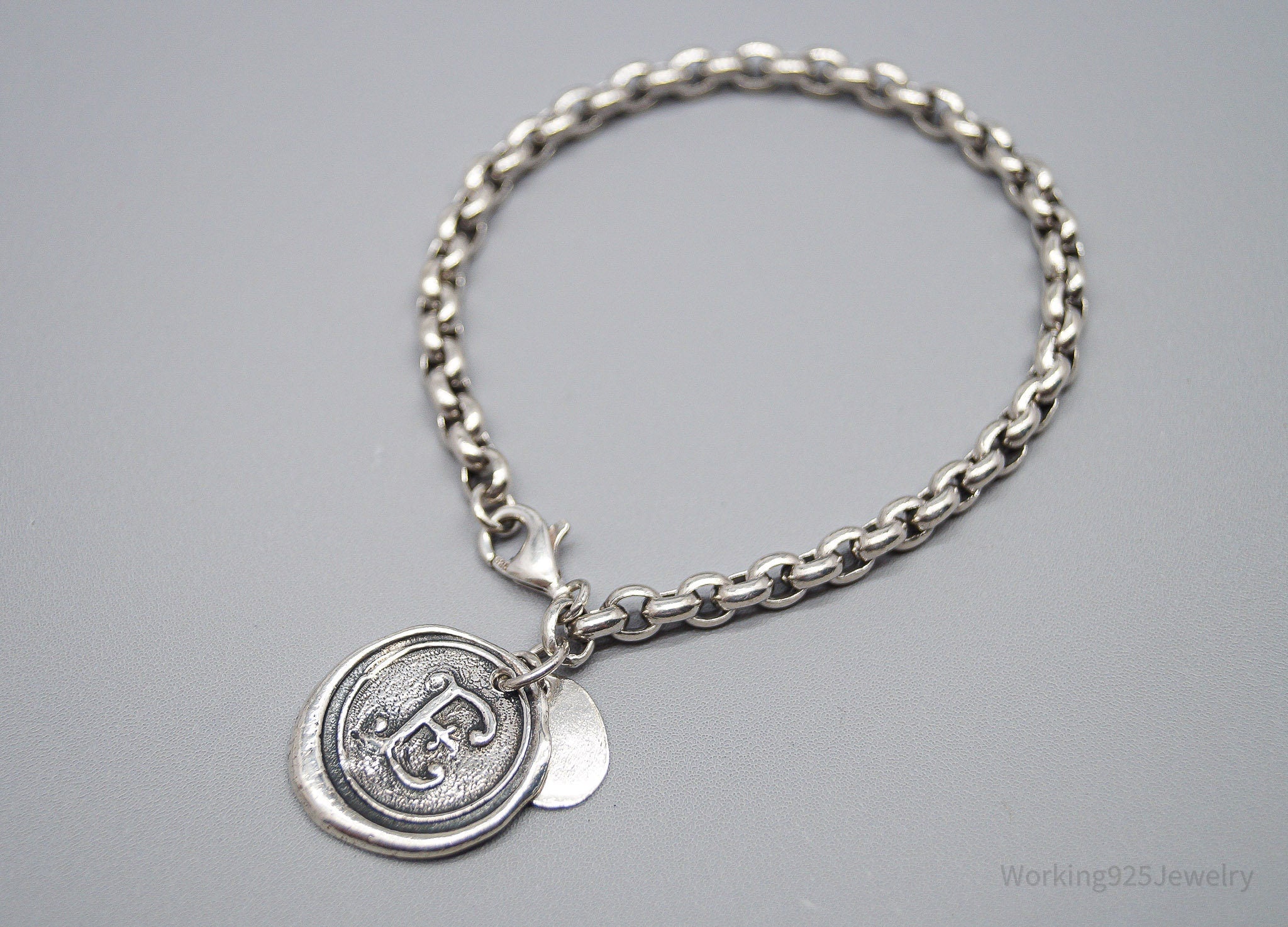 Vintage Designer Cursive E Sterling Silver Chain Bracelet - 7 5/8"