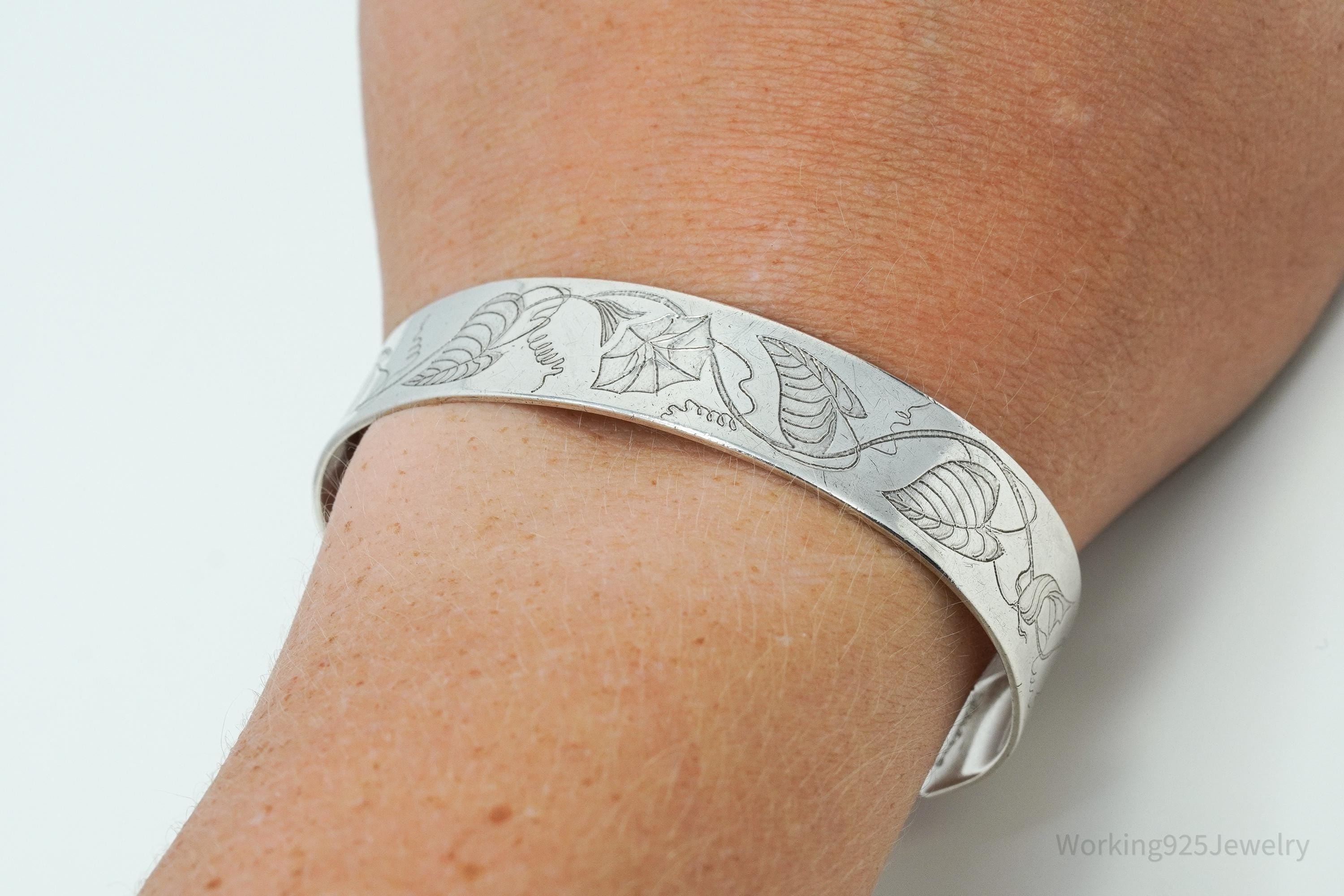 Vintage Floral Pattern Flowers Sterling Silver Cuff Bracelet 6.75"