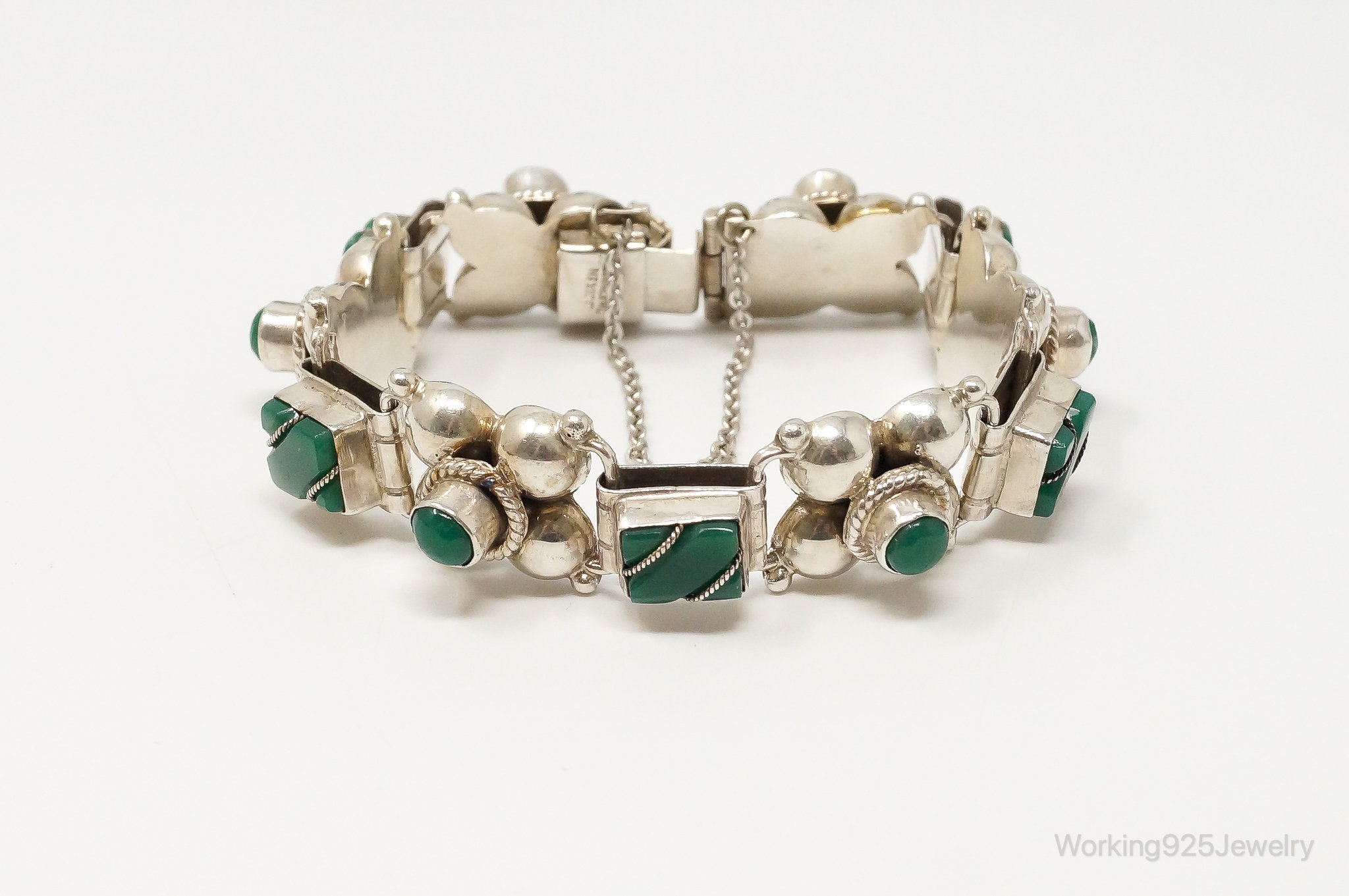 Vintage Mexico Handmade Green Onyx Sterling Silver Panel Bracelet