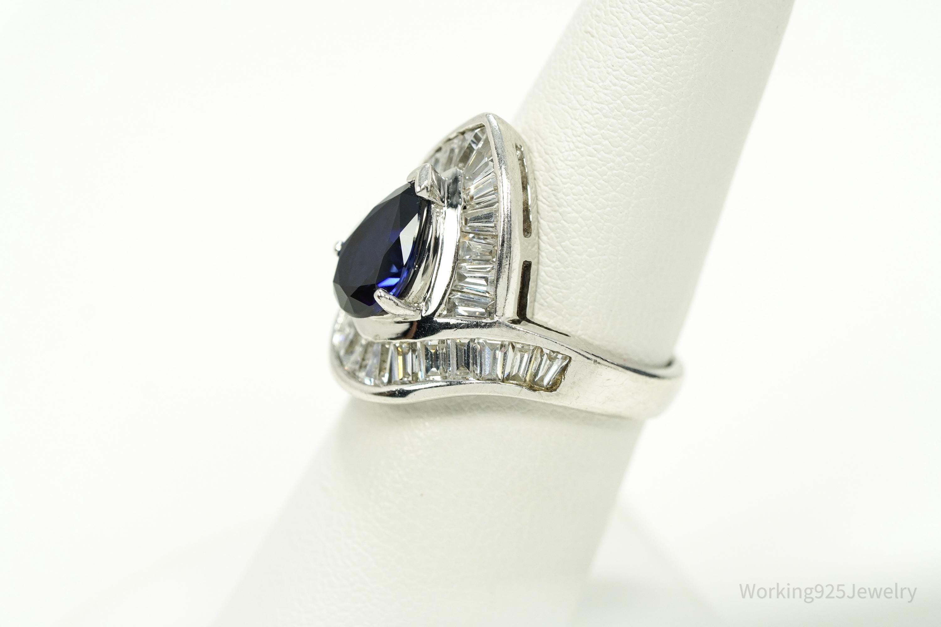 Vintage Lab Sapphire & Cubic Zirconia Rhodium Plated Sterling Silver Ring - Size 6