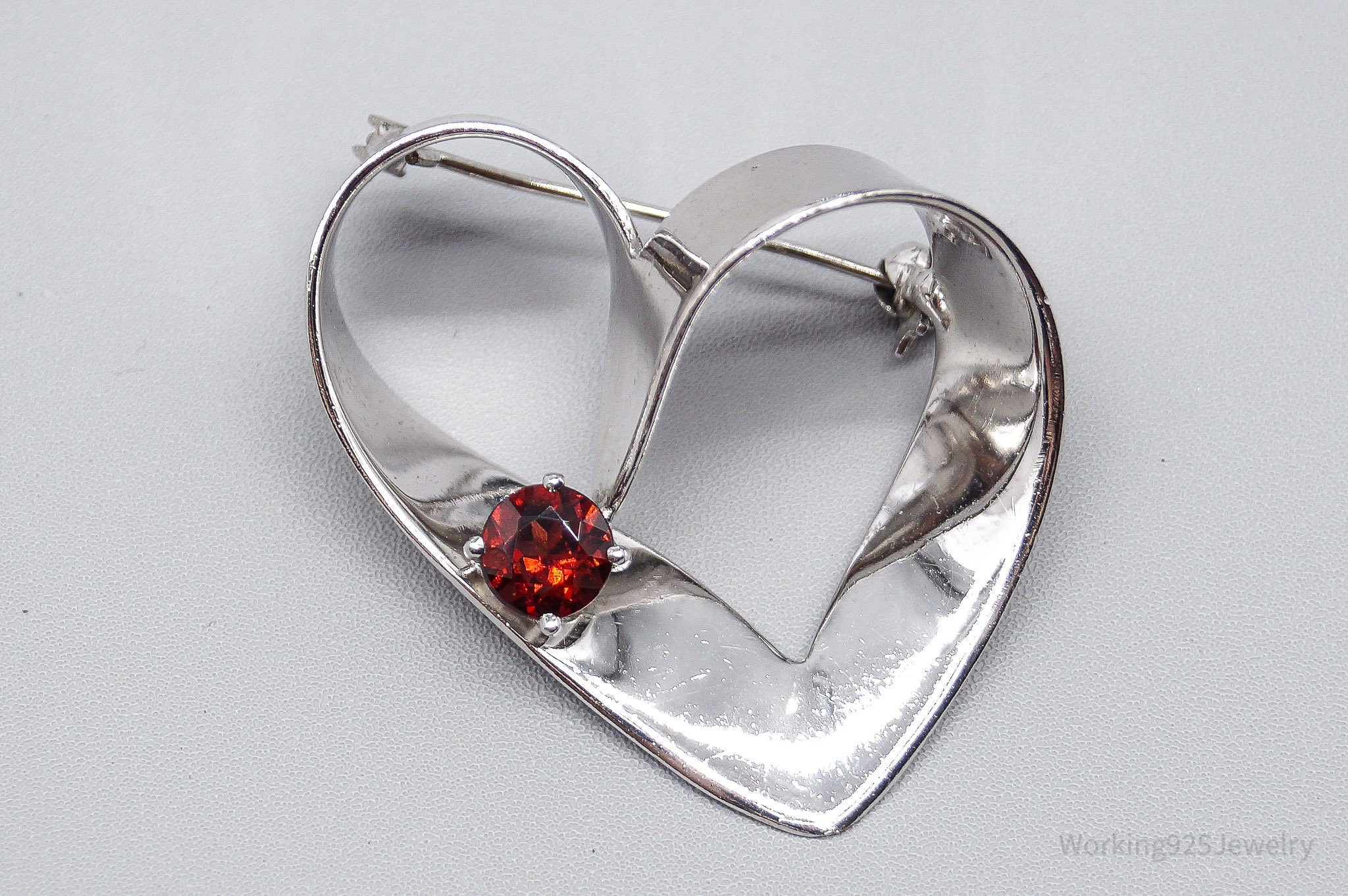 Large Vintage Garnet Heart Sterling Silver Brooch Pin