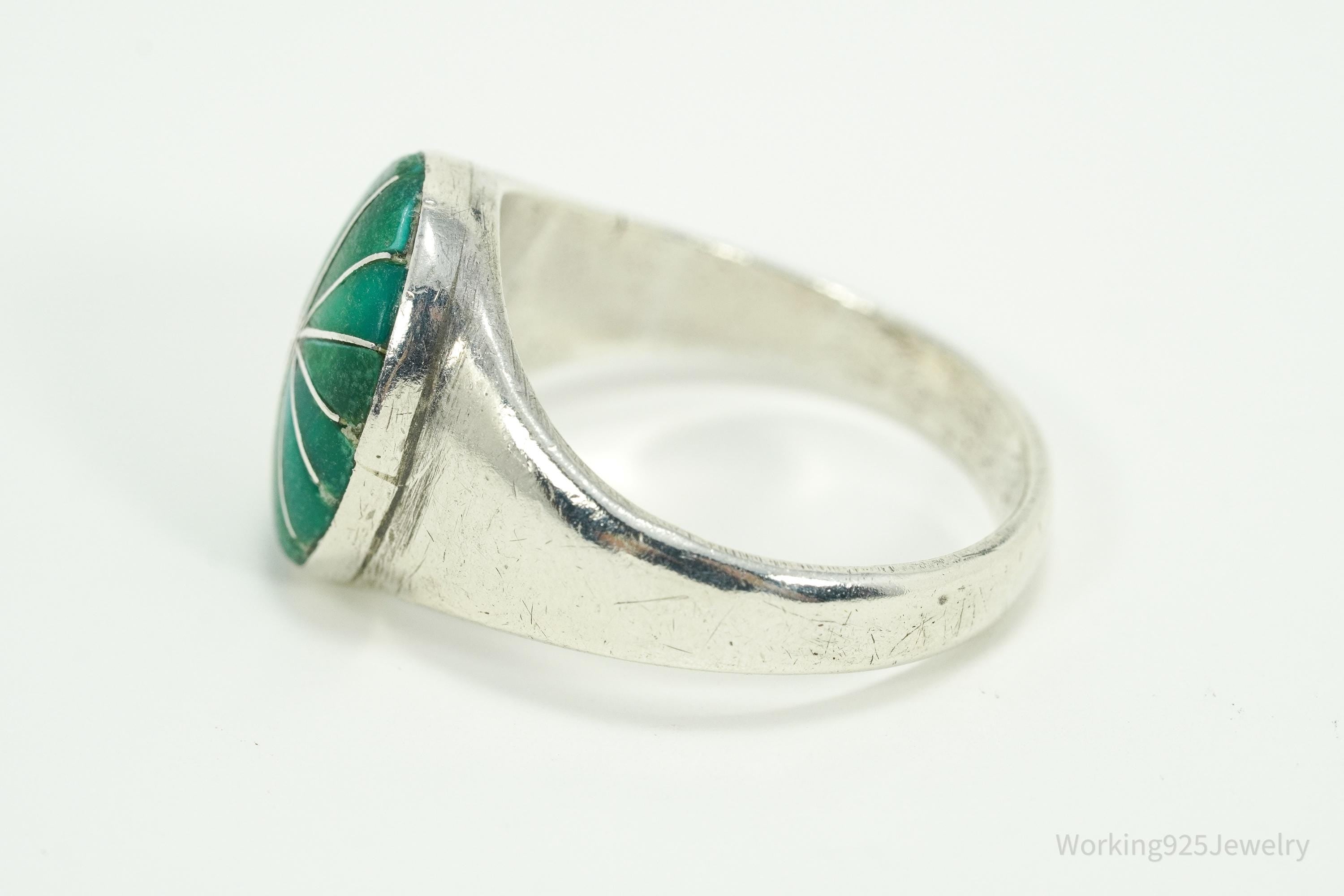 Vintage Handmade Native American Turquoise Inlay Silver Ring - Size 11.25