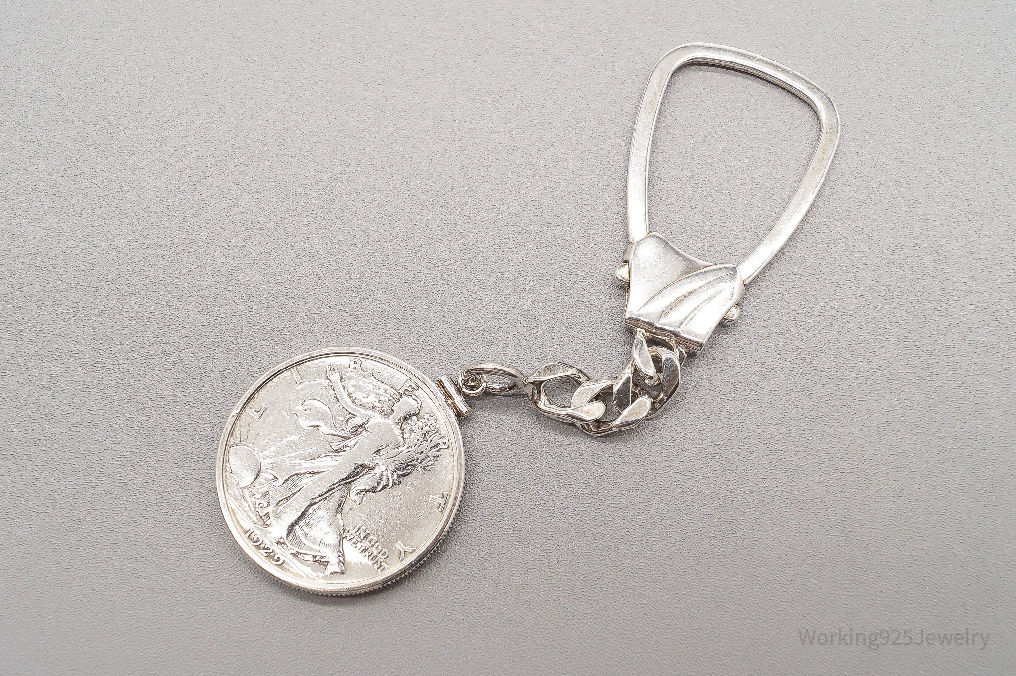 Vintage 1929 Walking Liberty Half Dollar Coin Sterling Silver Keychain