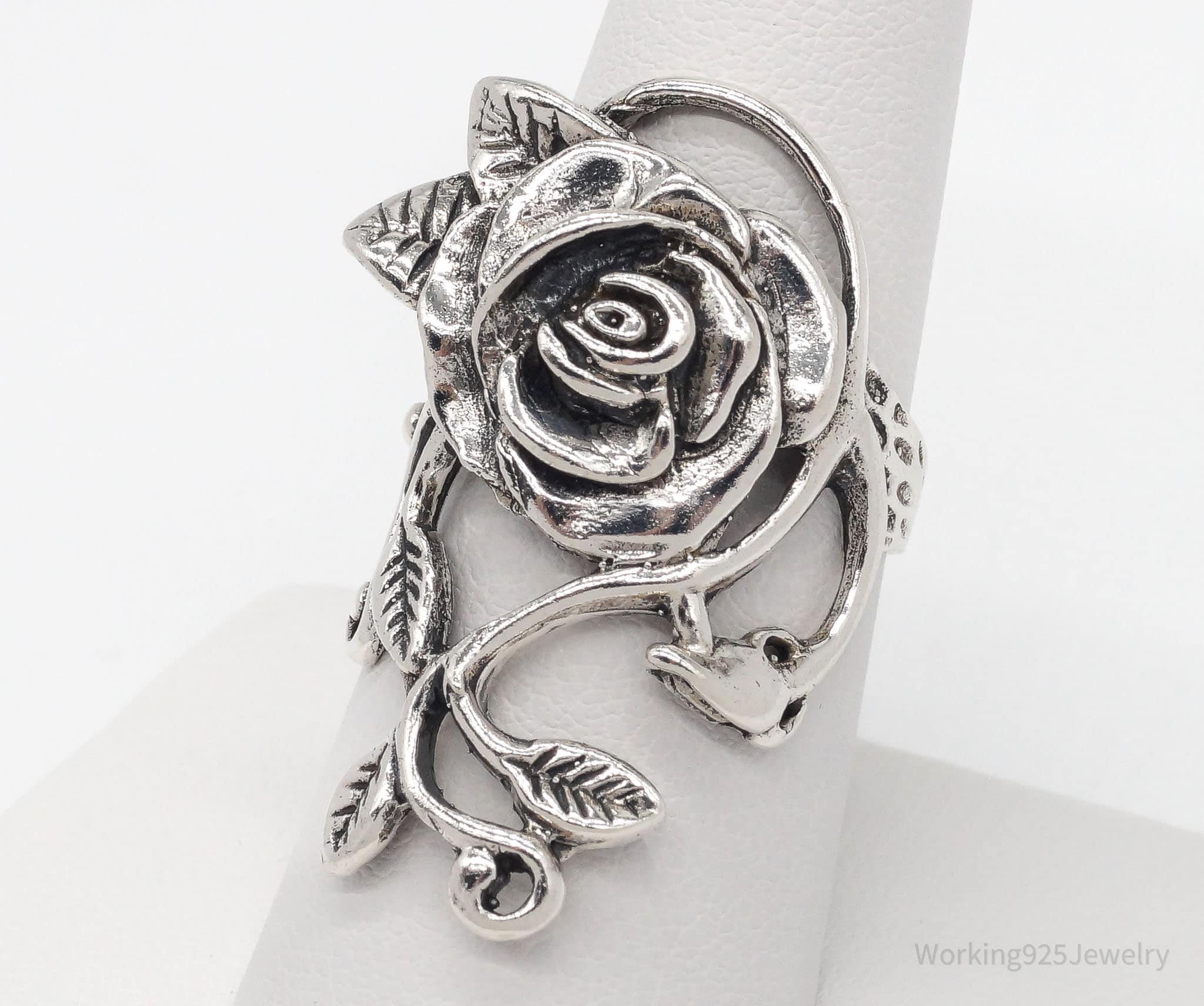 Vintage Large Rose Flower Sterling Silver Ring - Size 7.75