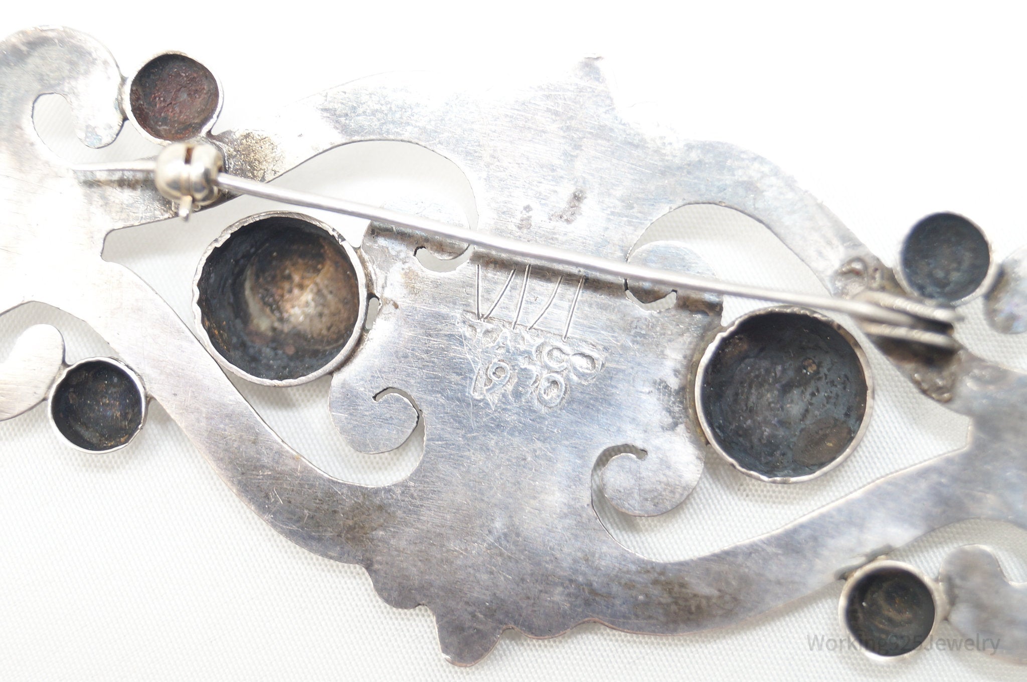 Large Vintage Taxco Mexico Turquoise Modernist 980 Silver Brooch Pin