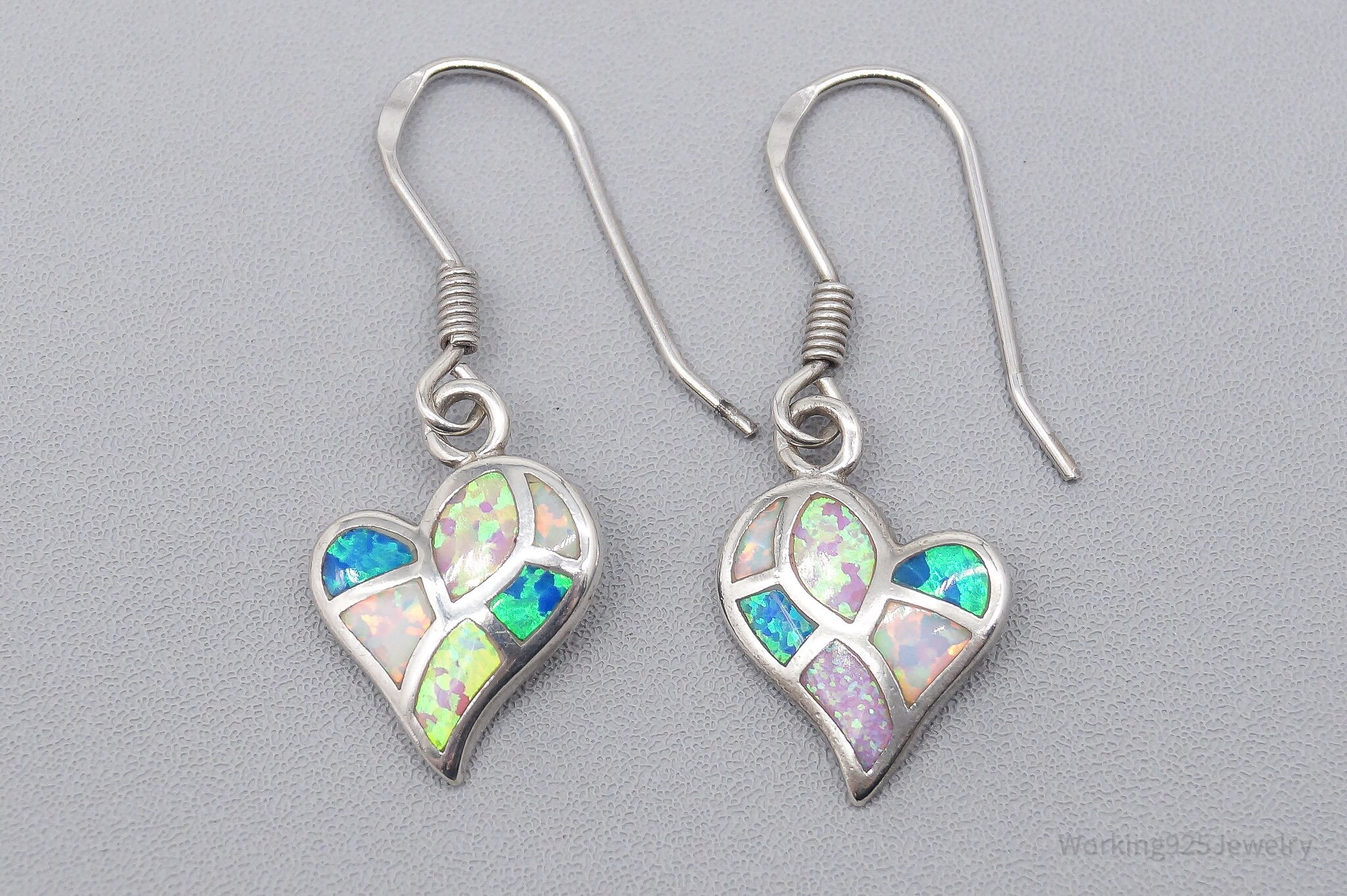 Vintage Opal Inlay Hearts Sterling Silver Earrings