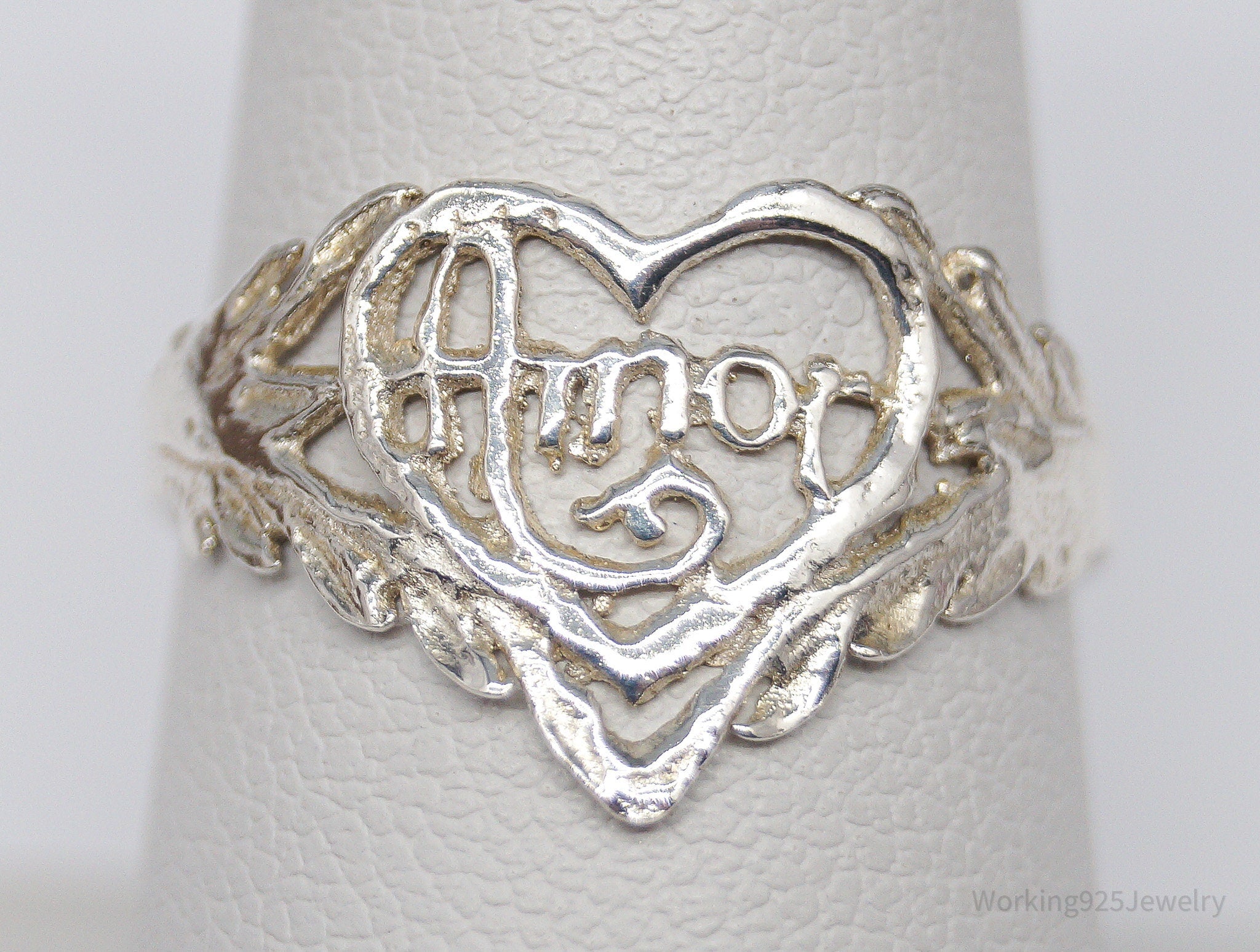 Vintage "Amor" Heart Sterling Silver Ring - Size 8.25