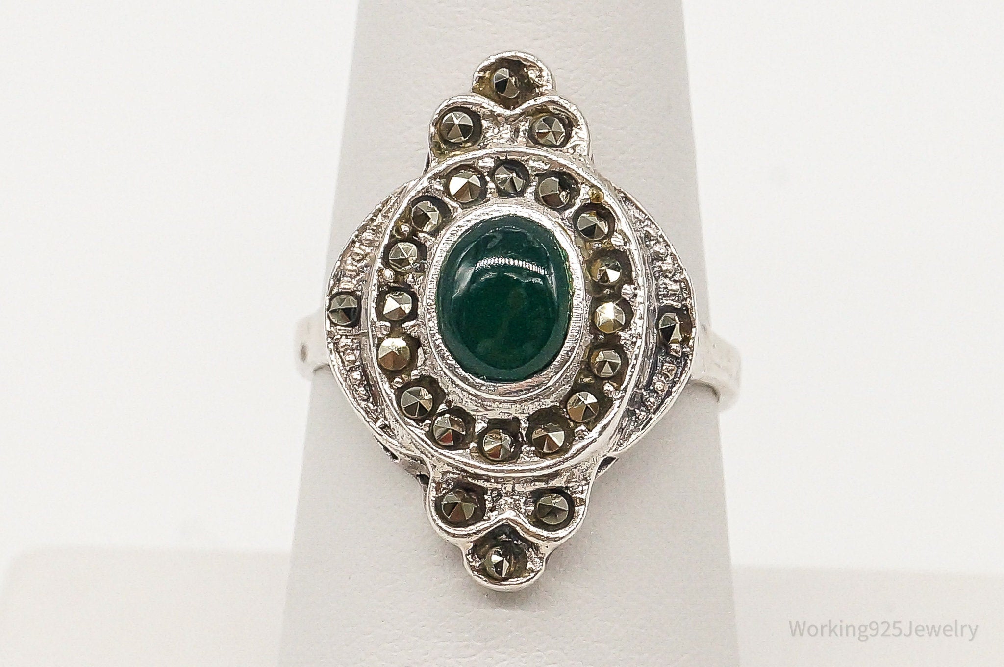 Vintage Green Onyx Marcasite Sterling Silver Ring Size 7.5