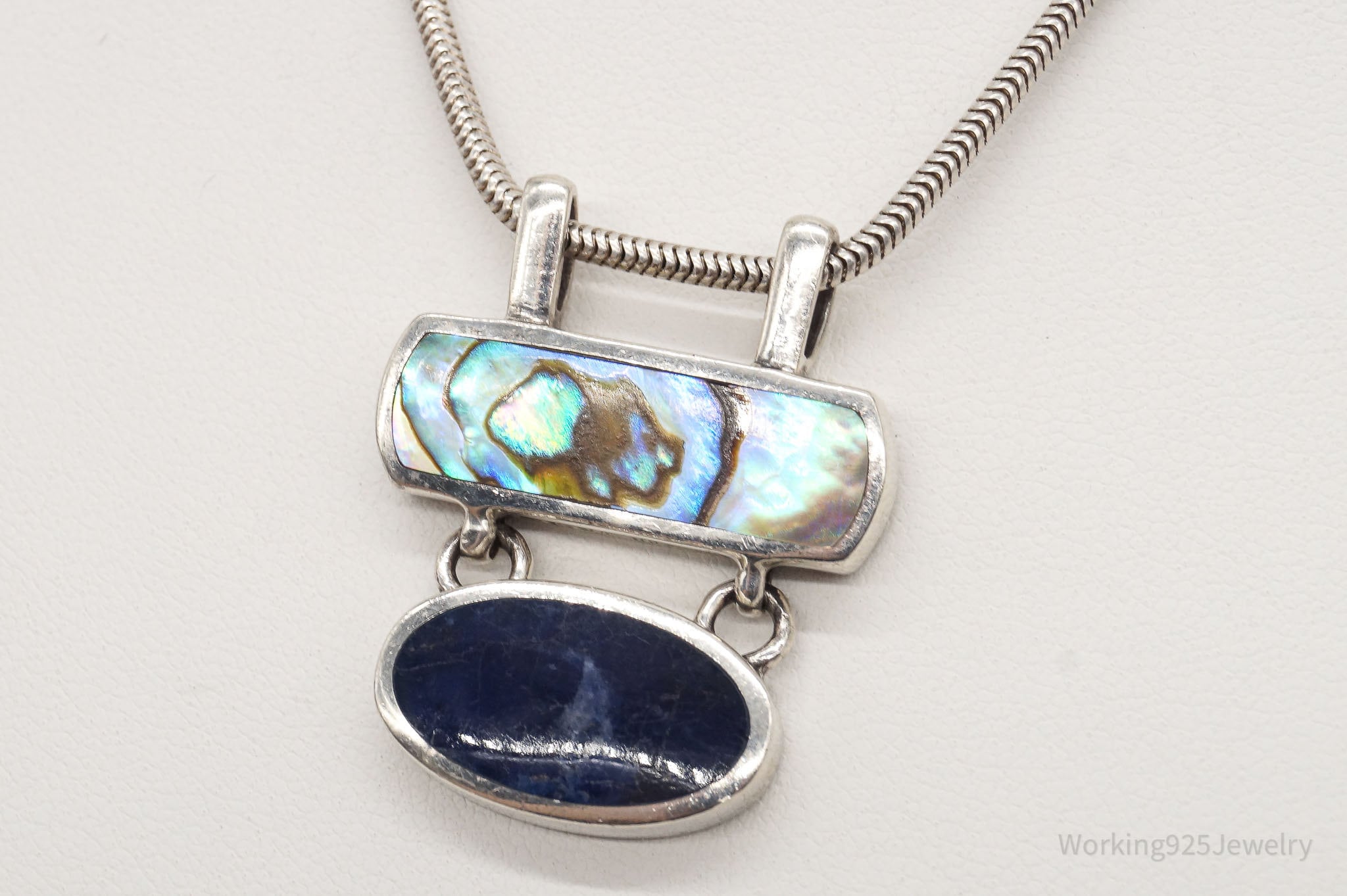 Vintage Paua Abalone Shell Sodalite Sterling Silver Necklace