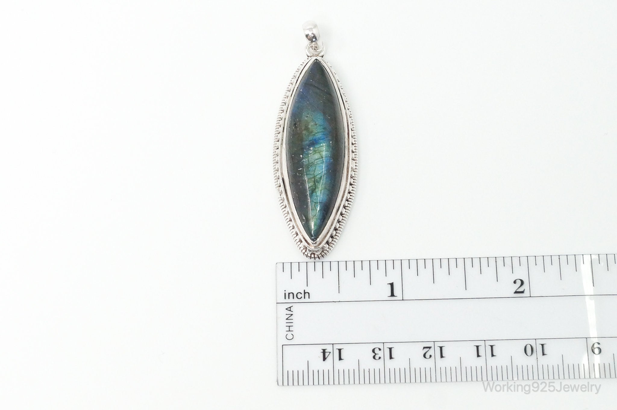 Vintage Long Large Labradorite Sterling Silver Necklace Pendant