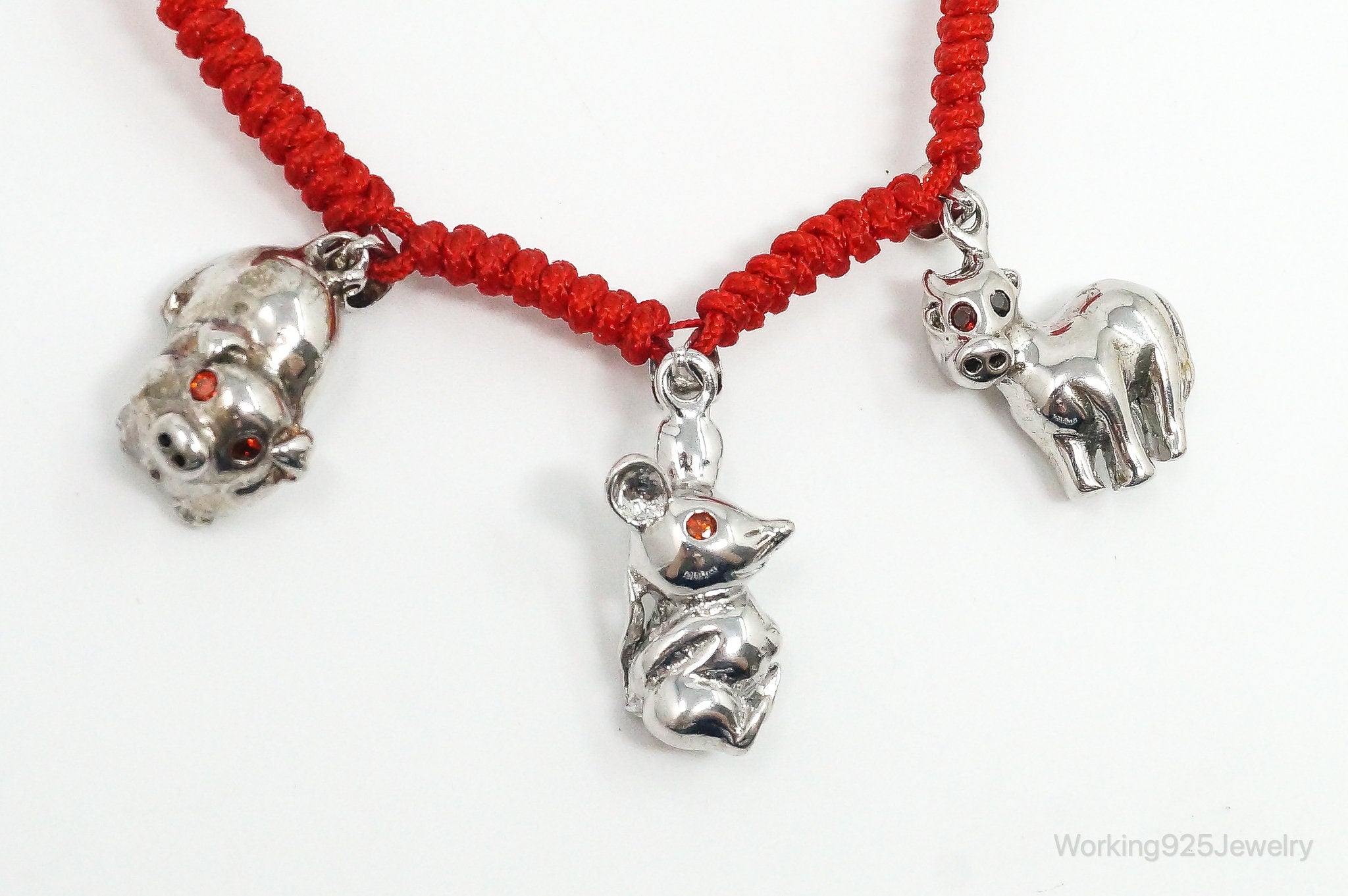 Vintage Animals Garnet Sterling Silver Charms Red Braided Cord Bracelet Adj.