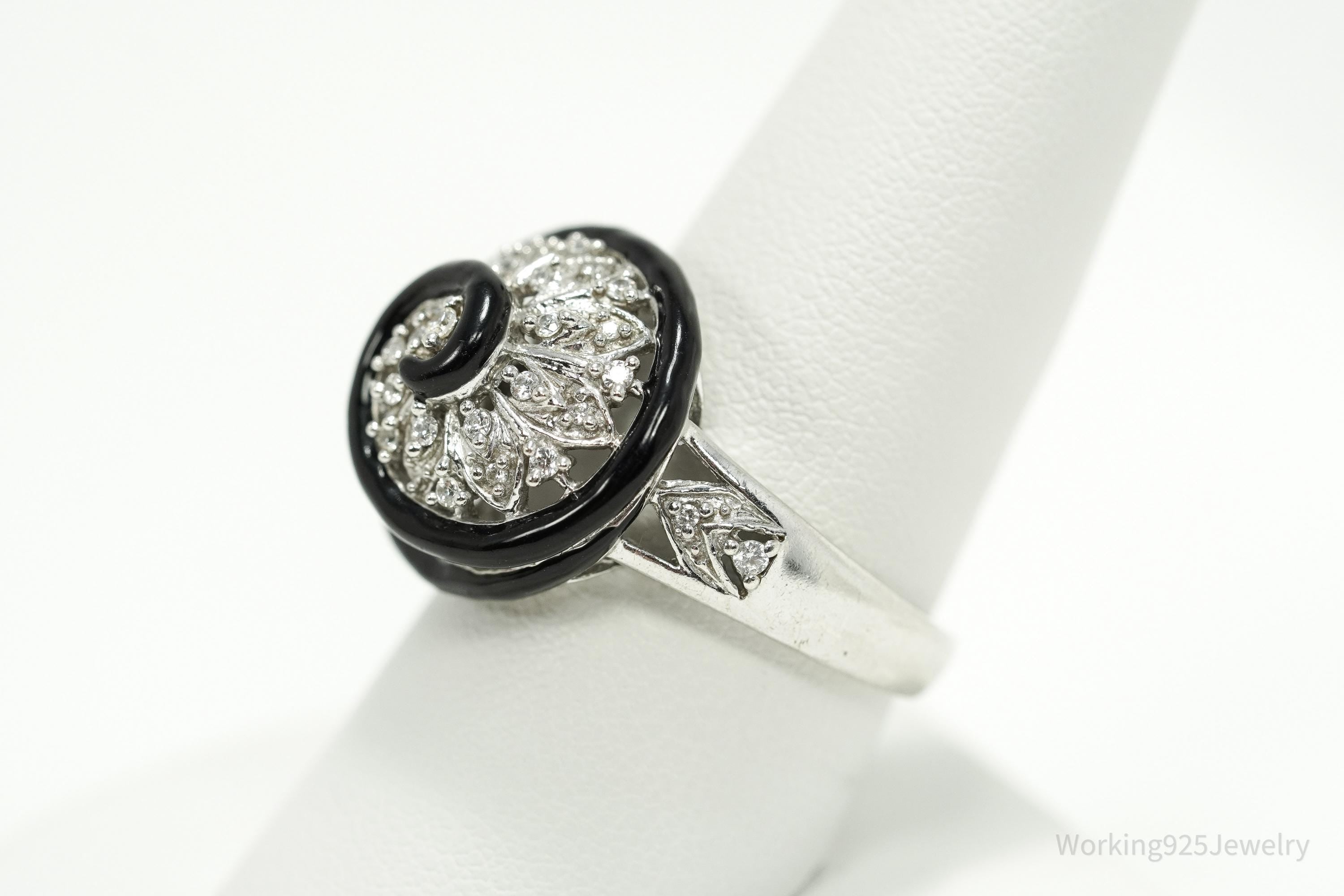 Vintage Designer Cubic Zirconia & Enamel Spiral Sterling Silver Ring - Size 9