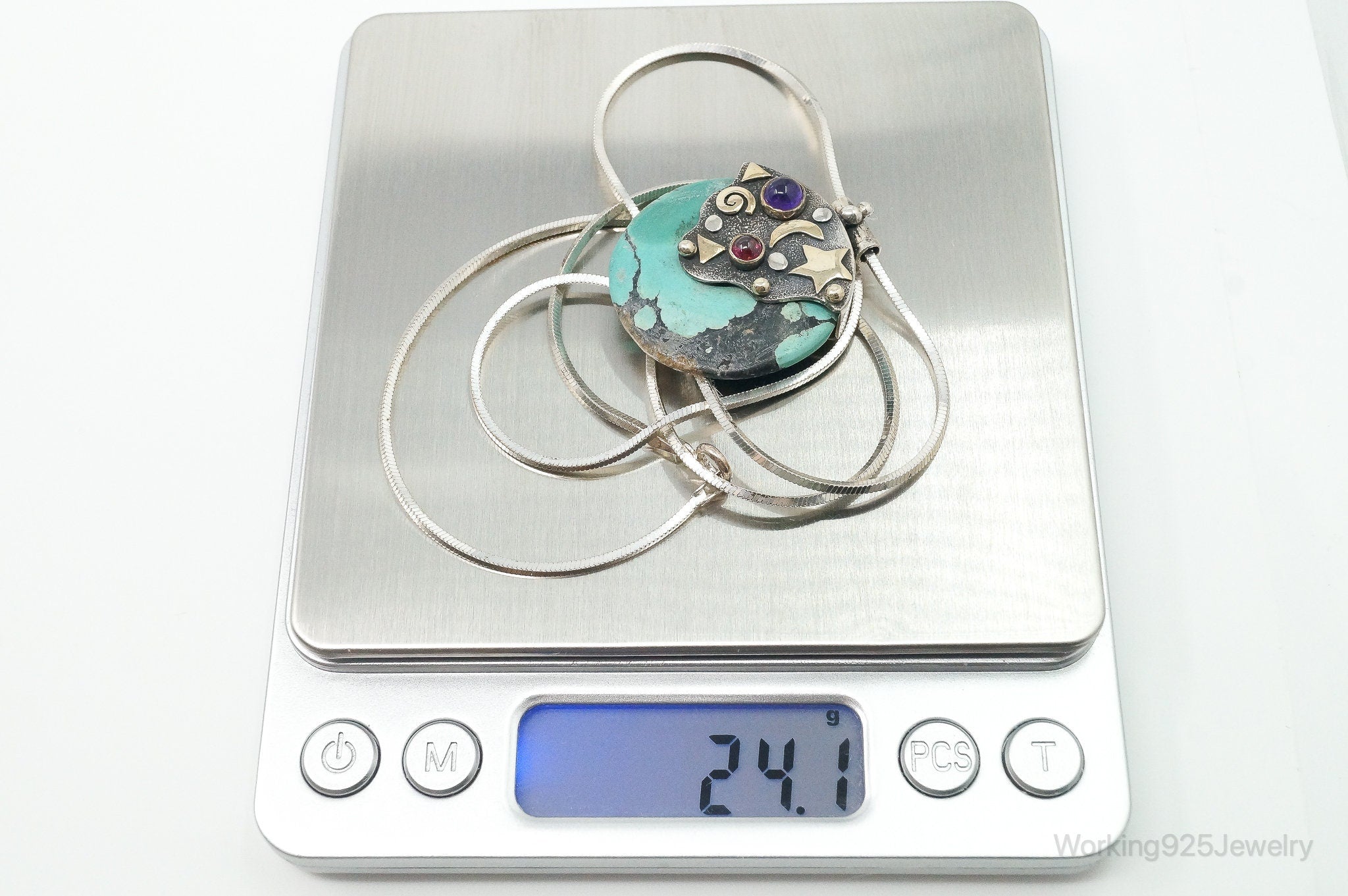 Vintage Brass Amethyst Rhodolite Garnet Turquoise Sterling Silver Necklace