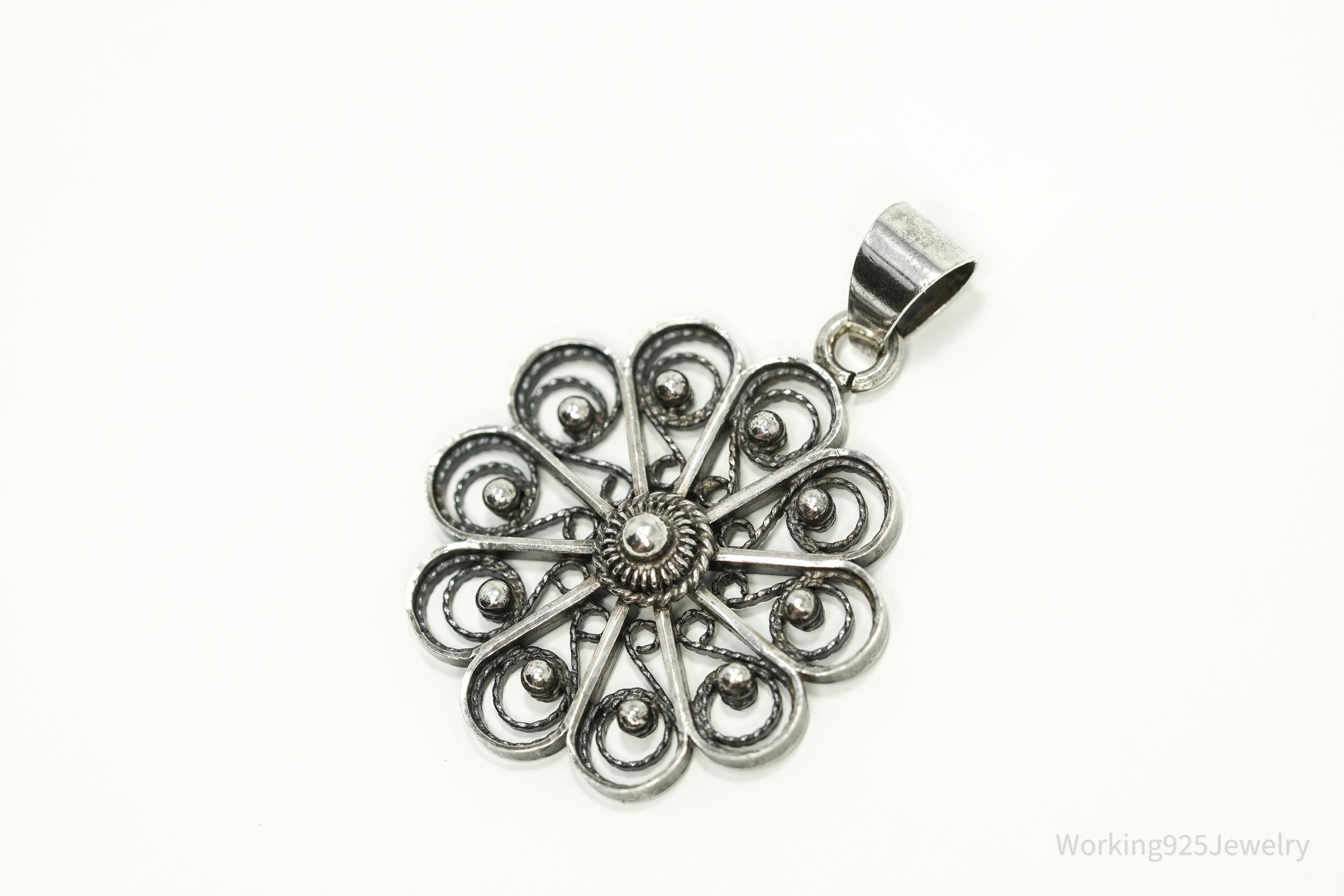Vintage Ornate Norwegian Modernist Flower 830S Silver Pendant 1.25"